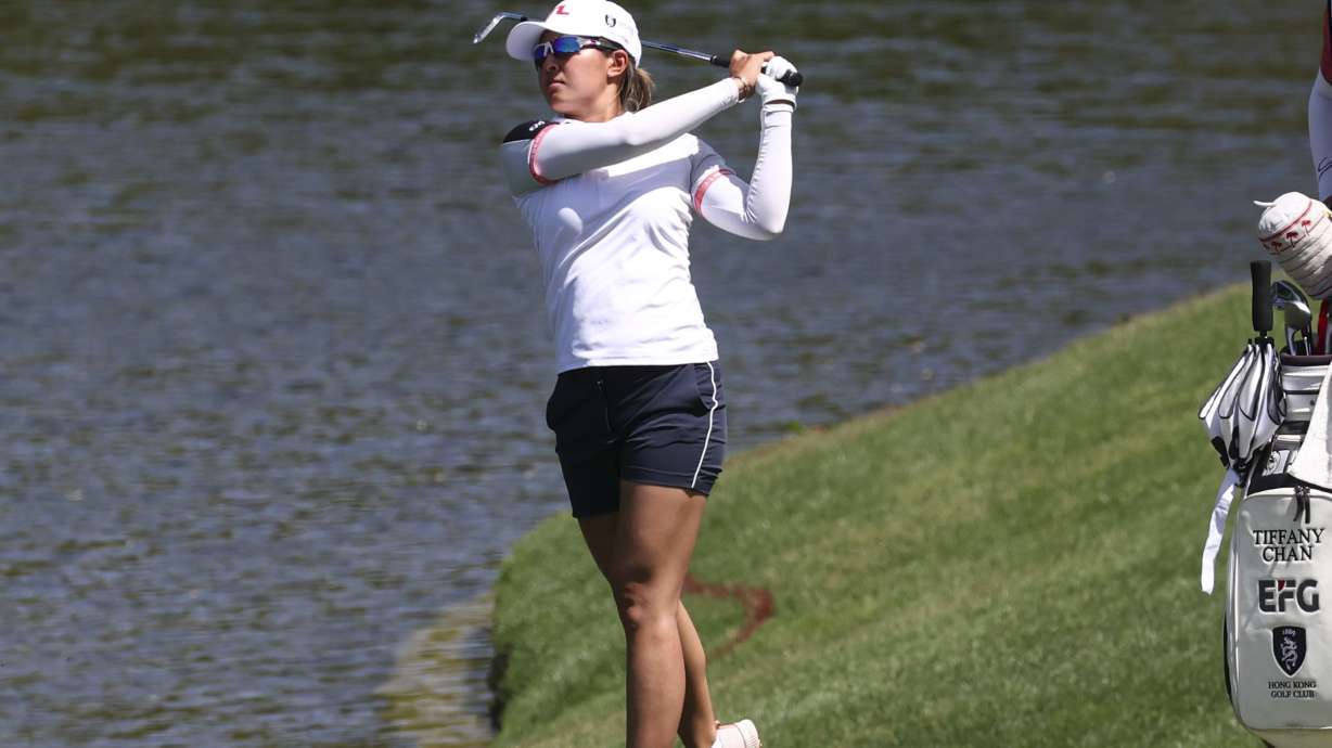 Tiffany Chan watches her shot on the ninth hole during the second day of round-robin play in the Bank of Hope LPGA Match-Play golf tournament at Shadow Greek on Thursday, May 26, 2022, in North Las Vegas, Nev.