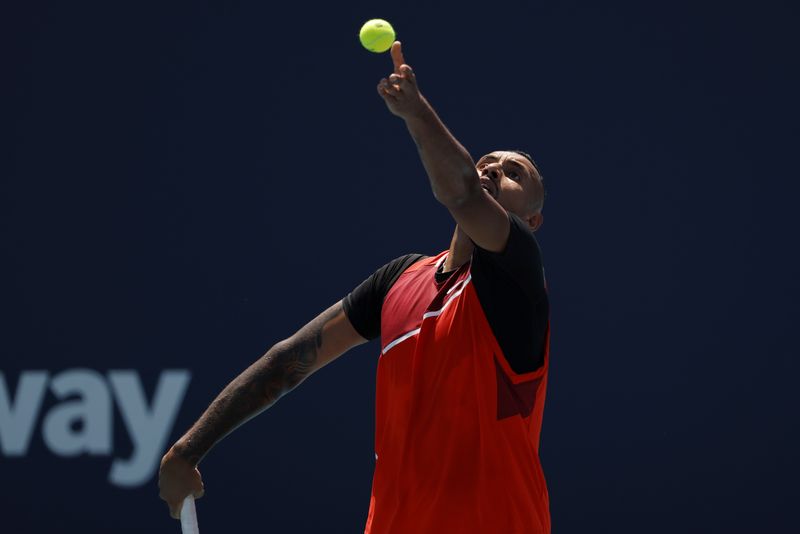 FILE PHOTO: Mar 29, 2022; Miami Gardens, FL, USA; Nick Kyrgios (AUS) serves against Jannik Sinner (ITA)(not pictured) in a fourth round men's singles match in the Miami Open at Hard Rock Stadium.