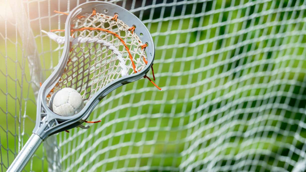 Abstract view of a lacrosse stick scooping up a ball on a sunny day.
