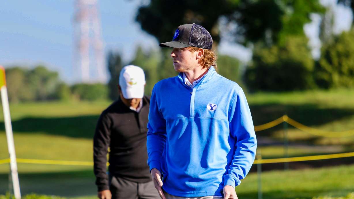BYU golfer Carson Lundell eyes a putt during the NCAA Stockton Regional, May 17, 2022. Lundell and the Cougars opened the NCAA golf tournament Thursday at 10-over-par, a score that will be added to their team score after Sunday's third round due to BYU's no-Sunday play policy.