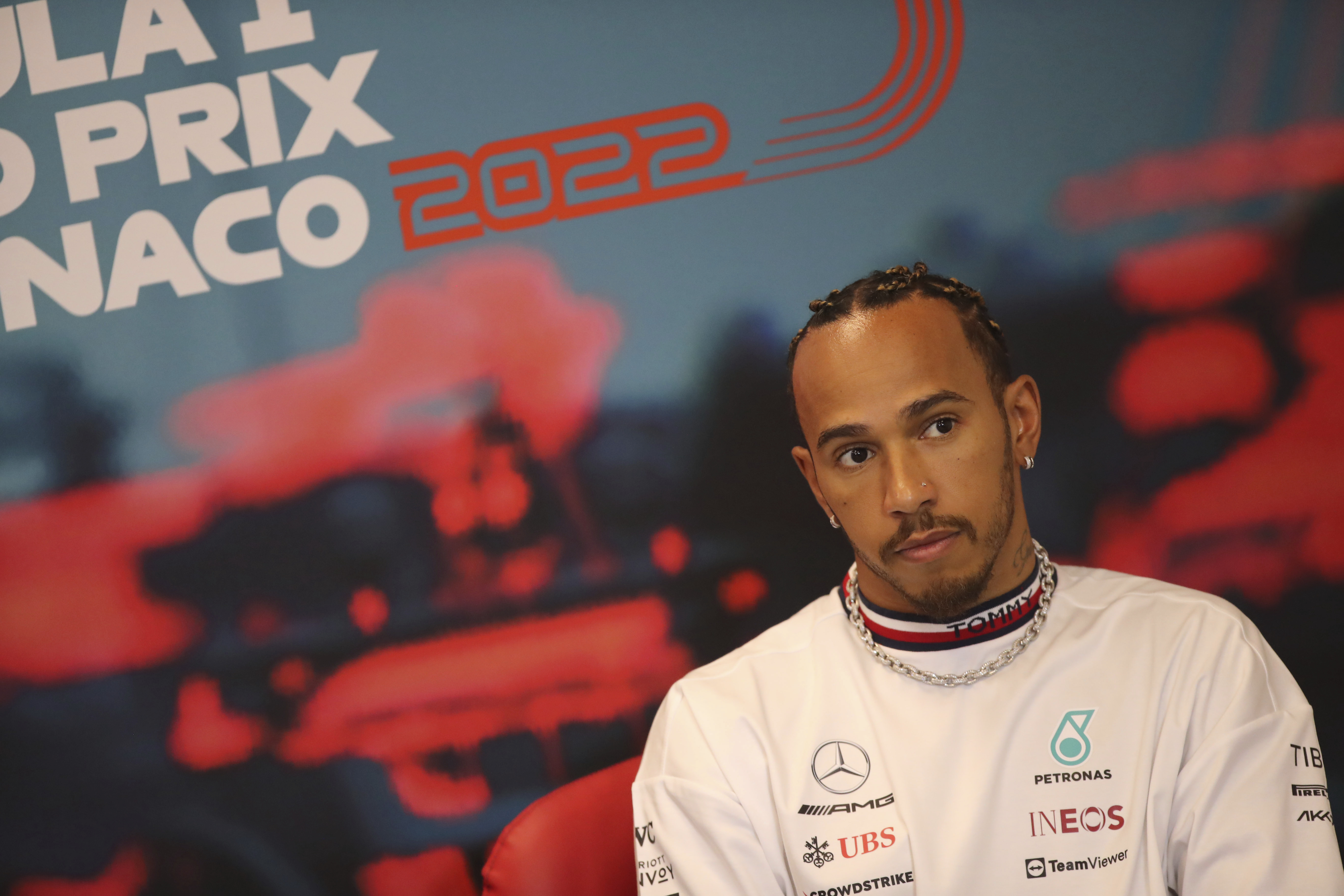 Mercedes driver Lewis Hamilton of Britain answers to reporters during a news conference ahead the free practice at the Monaco racetrack, in Monaco, Wednesday, May 27, 2022. The Formula one race will be held on Sunday. 