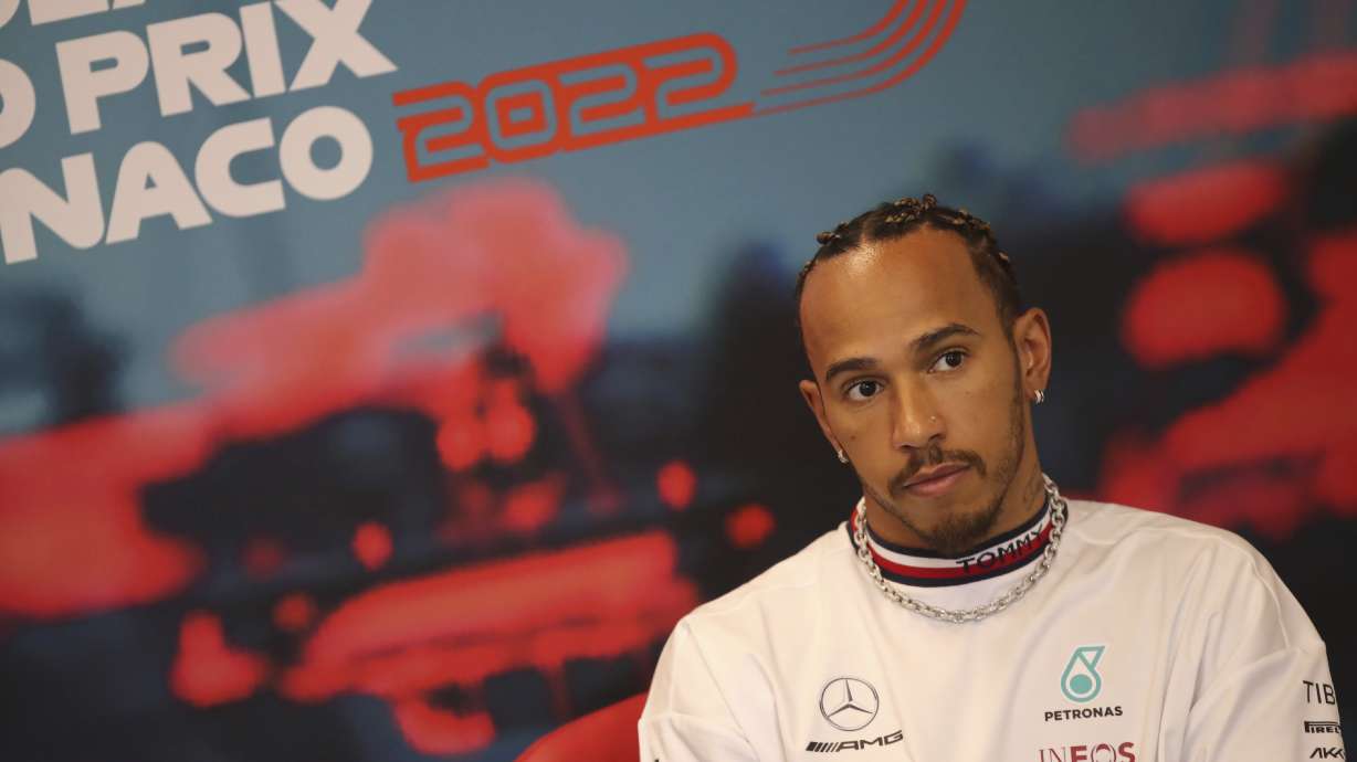 Mercedes driver Lewis Hamilton of Britain answers to reporters during a news conference ahead the free practice at the Monaco racetrack, in Monaco, Wednesday, May 27, 2022. The Formula one race will be held on Sunday.