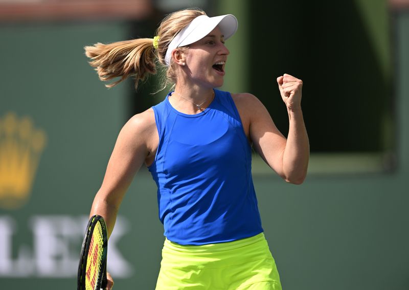 FILE PHOTO: Mar 10, 2022; Indian Wells, CA, USA;  Daria Saville (AUS) reacts after winning a point in her first round match against Shuai Zhang (CHN) on day 4 at the BNP Paribas Open at the Indian Wells Tennis Garden.