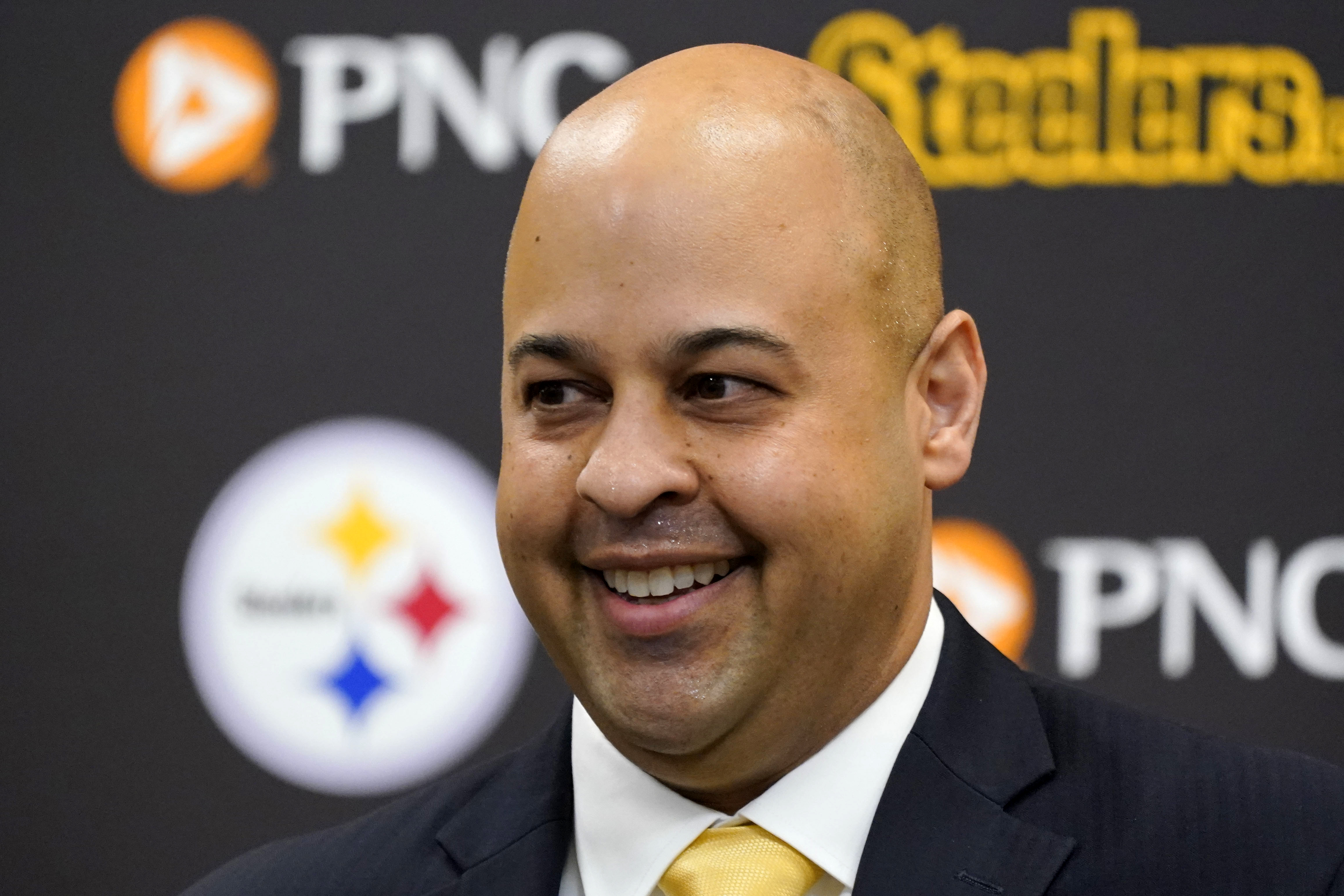 Omar Khan, the new general manager of the Pittsburgh Steelers, meets with reporters at the NFL football team's training facility in Pittsburgh, Friday, May 27, 2022. 