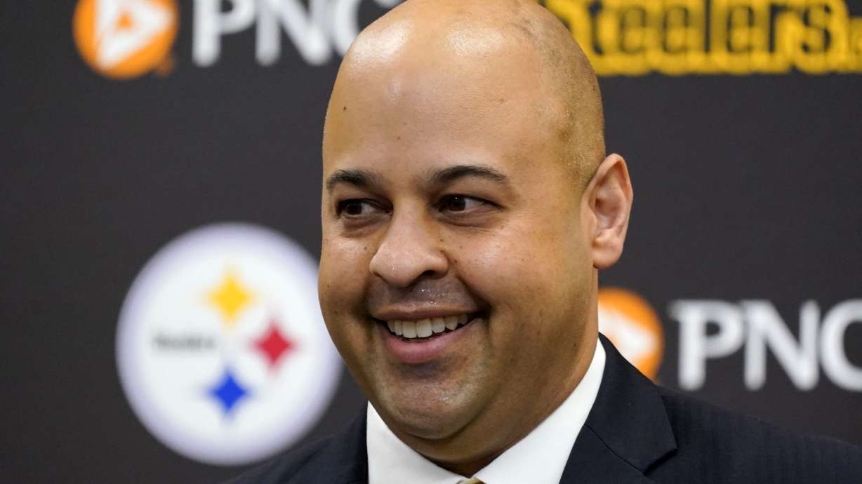 Omar Khan, the new general manager of the Pittsburgh Steelers, meets with reporters at the NFL football team's training facility in Pittsburgh, Friday, May 27, 2022.