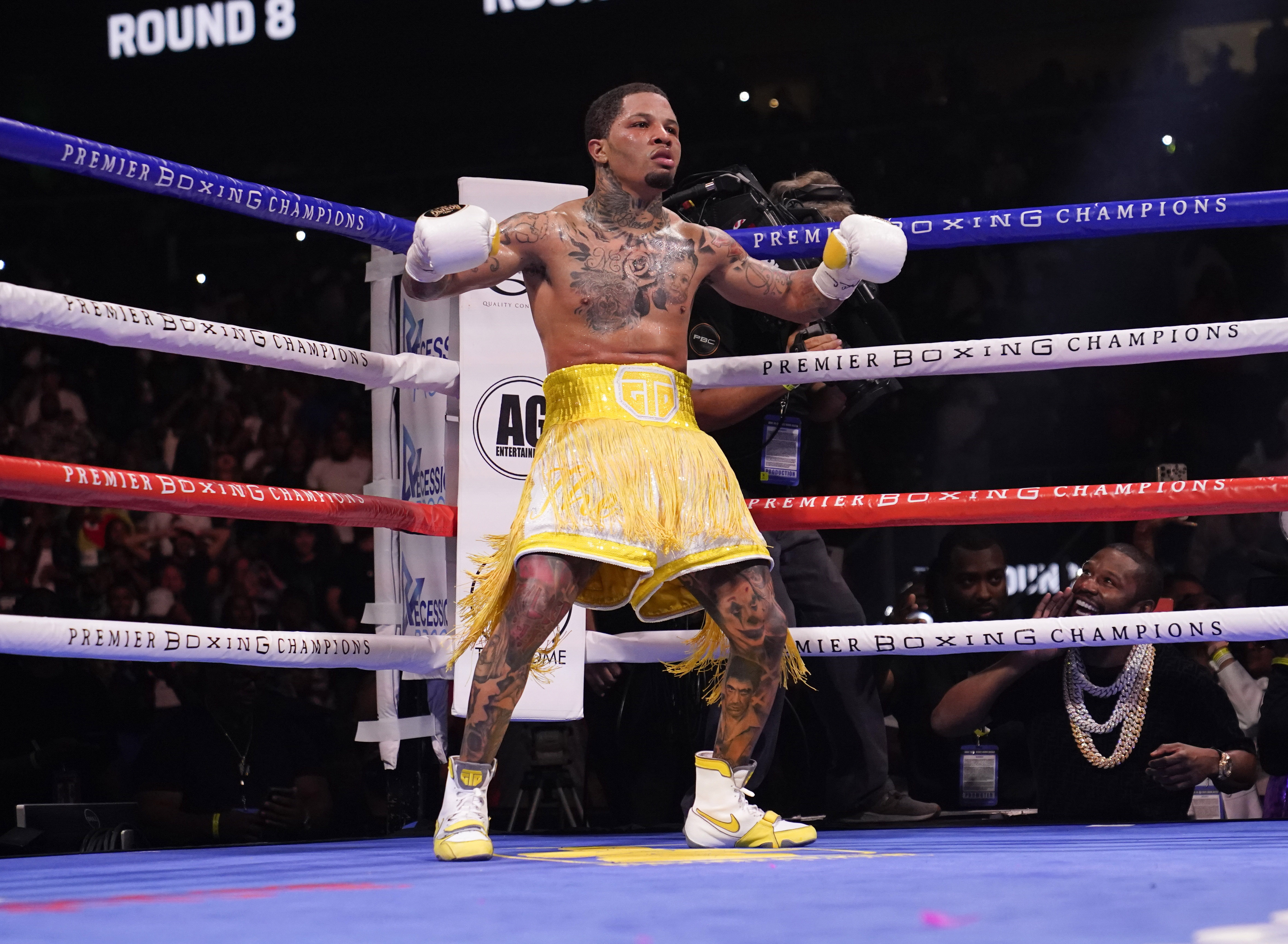 FILE - Gervonta Davis celebrates during a WBA Super Lightweight world championship boxing match against Mario Barrios on Sunday, June 27, 2021, in Atlanta. Gervonta Davis may have met his match when it comes to trading insults. Now it's about trading punches, and he believes he does that far better than Rolando Romero, his opponent Saturday night when he defends his lightweight title in a matchup of unbeatens in Brooklyn.  