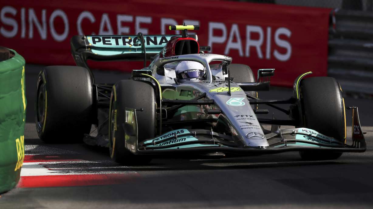 Mercedes driver Lewis Hamilton of Britain steers his car during the second free practice at the Monaco racetrack, in Monaco, Friday, May 27, 2022. The Formula one race will be held on Sunday.