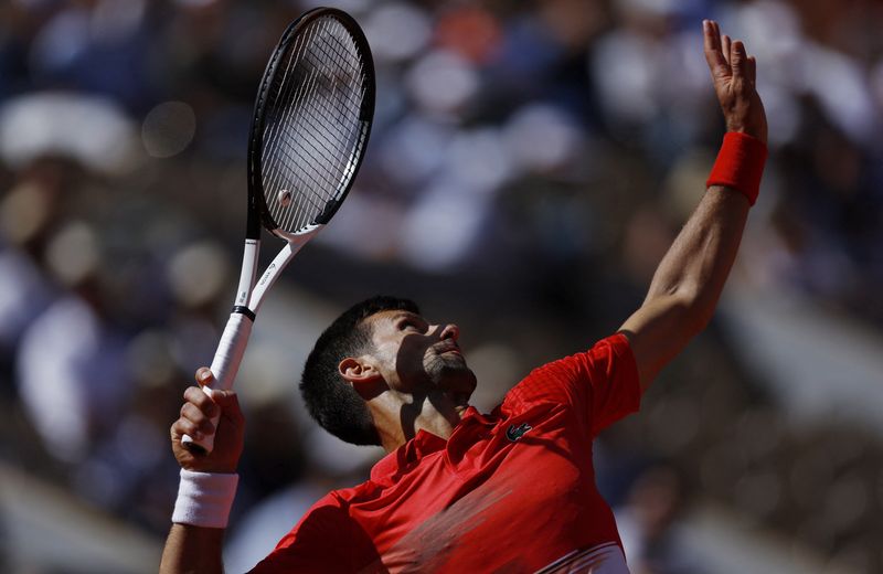 Tennis - French Open - Roland Garros, Paris, France - May 27, 2022 Serbia's Novak Djokovic in action during his third round match against Slovenia's Aljaz Bedene