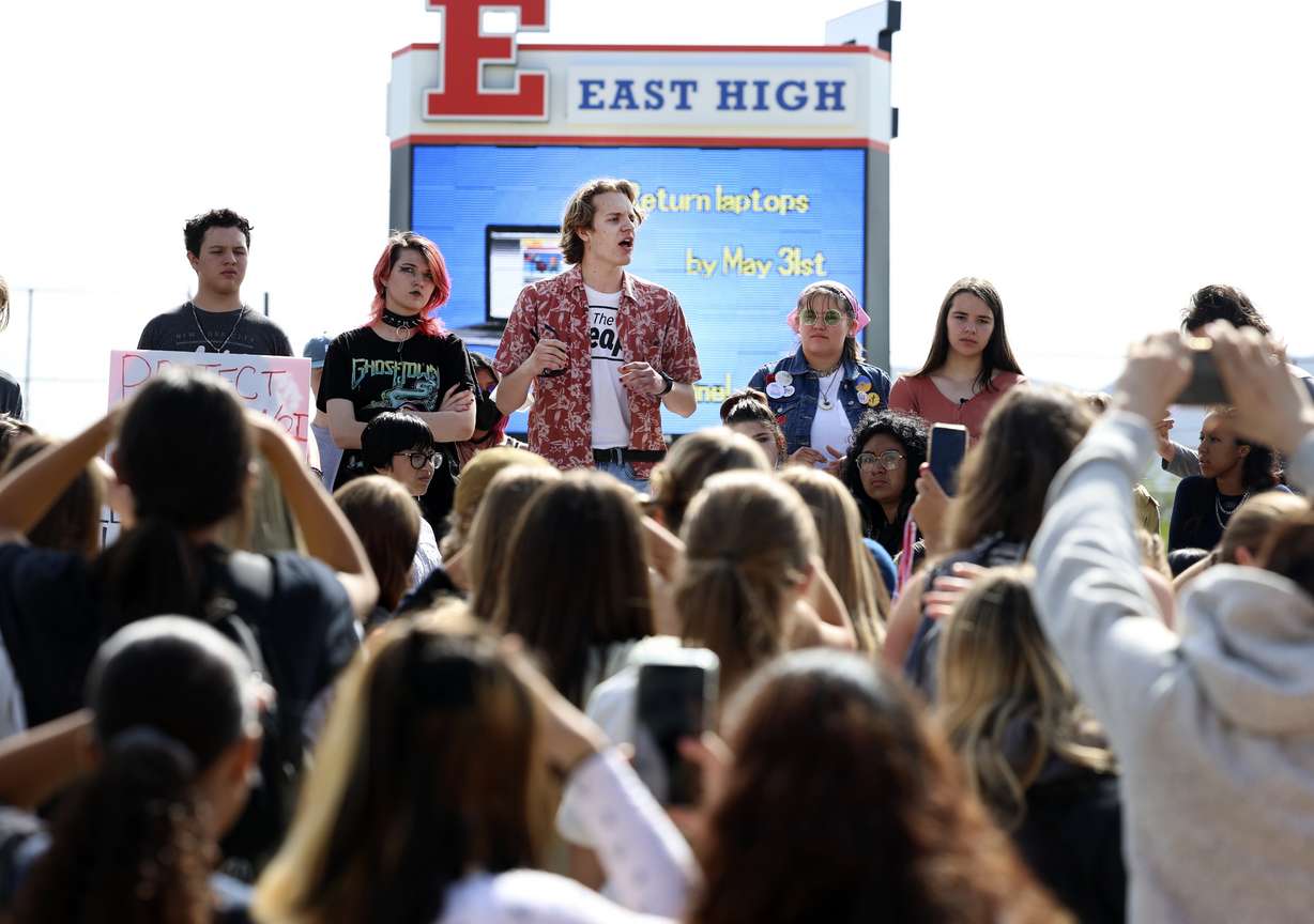 East High School student Max Rhineer speaks during a walkout at the school in Salt Lake City on Friday to protest gun violence.