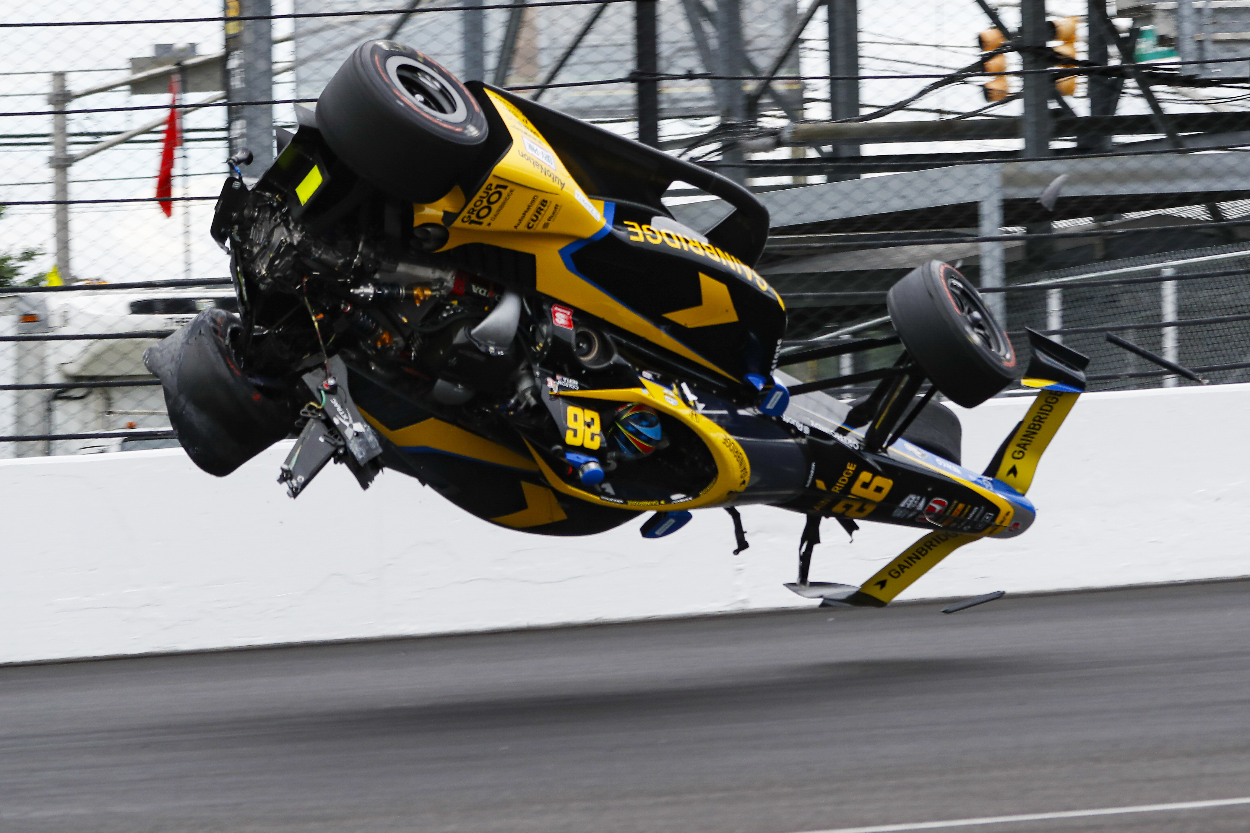 Colton Herta crashes in the first turn during the final practice for the Indianapolis 500 auto race at Indianapolis Motor Speedway in Indianapolis, Friday, May 27, 2022. 