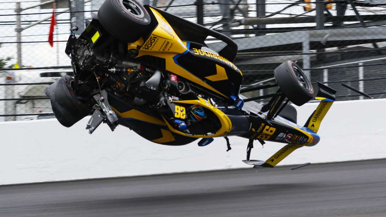 Colton Herta crashes in the first turn during the final practice for the Indianapolis 500 auto race at Indianapolis Motor Speedway in Indianapolis, Friday, May 27, 2022.