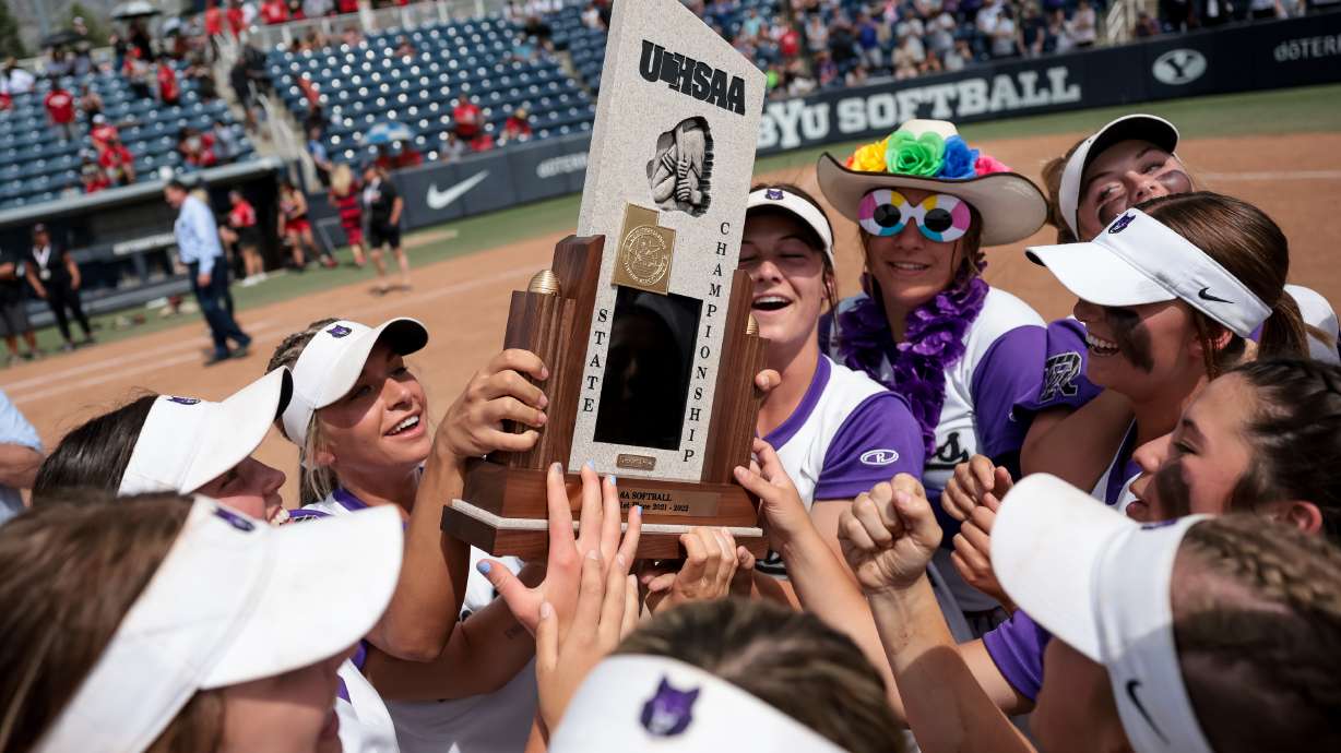 Riverton celebrates after beating West in the 6A softball state championship at Miller Park in Provo on Friday, May 27, 2022.