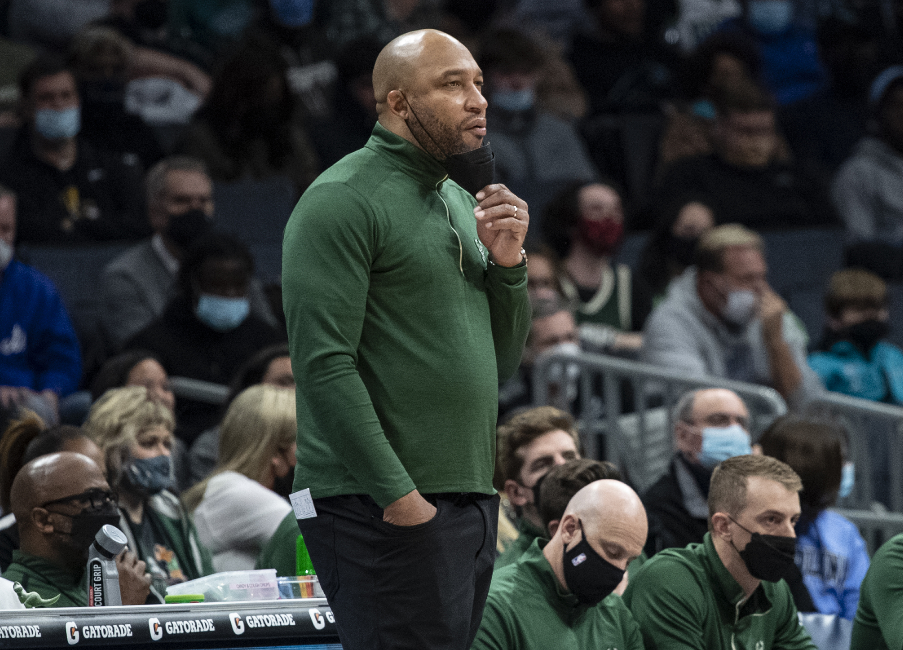 FILE - Milwaukee Bucks acting coach Darvin Ham watches during the first half of the team's NBA basketball game against the Charlotte Hornets on Jan. 8, 2022, in Charlotte, N.C. A person with knowledge of the decision says Ham has accepted an offer to be the next head coach of the Los Angeles Lakers. The person spoke with The Associated Press on Friday, May 27, on condition of anonymity because the deal has not been publicly announced.
