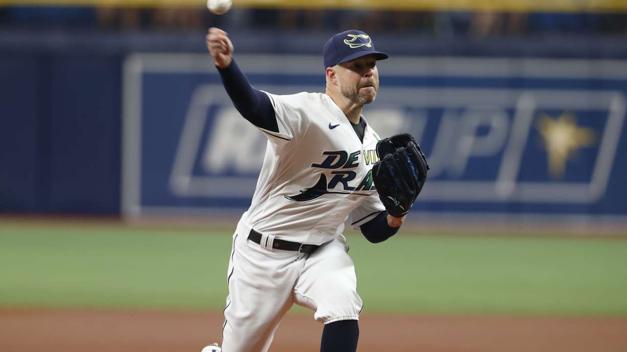Tampa Bay Rays starting pitcher Corey Kluber works from the mound against the New York Yankees during the first inning of a baseball game Saturday, May 28, 2022, in St. Petersburg, Fla.