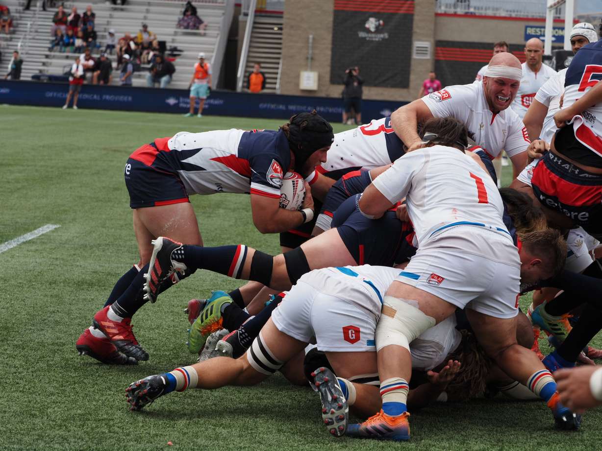 Utah Warriors hooker Chad Gough, a native of St. George who played collegiately at the University of Utah, follows the forward pack as he scores a try in his last home match before retirement with the Warriors, Saturday, May 28, 2022 at Zions Bank Stadium in Herriman, Utah.