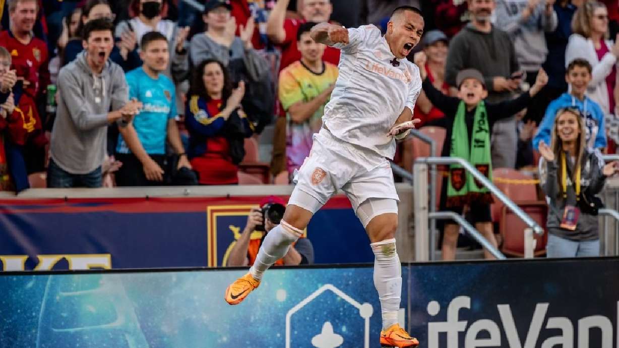 Bobby Wood celebrates the opening goal for RSL against Houston at Rio Tinto Stadium.