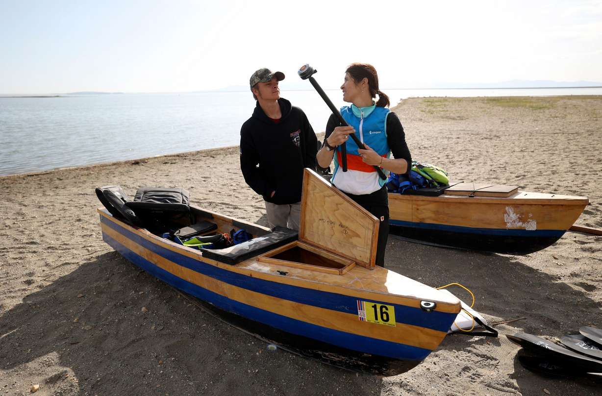 Dillon Dodge, a sophomore at Cyprus High who is legally blind with optic nerve hypoplasia, left, talks with Keri Ostergaard-Welch, Utah Schools for the Deaf and the Blind teacher of the visually impaired, before they set off on an overnight training mission in preparation for the SEVENTY48 boat race at Pelican Beach in Willard Bay in Willard, Box Elder County, on April 29. The SEVENTY48 is a 70-mile boat race between Tacoma and Port Townsend, Wash., that has to be completed in 48 hours.