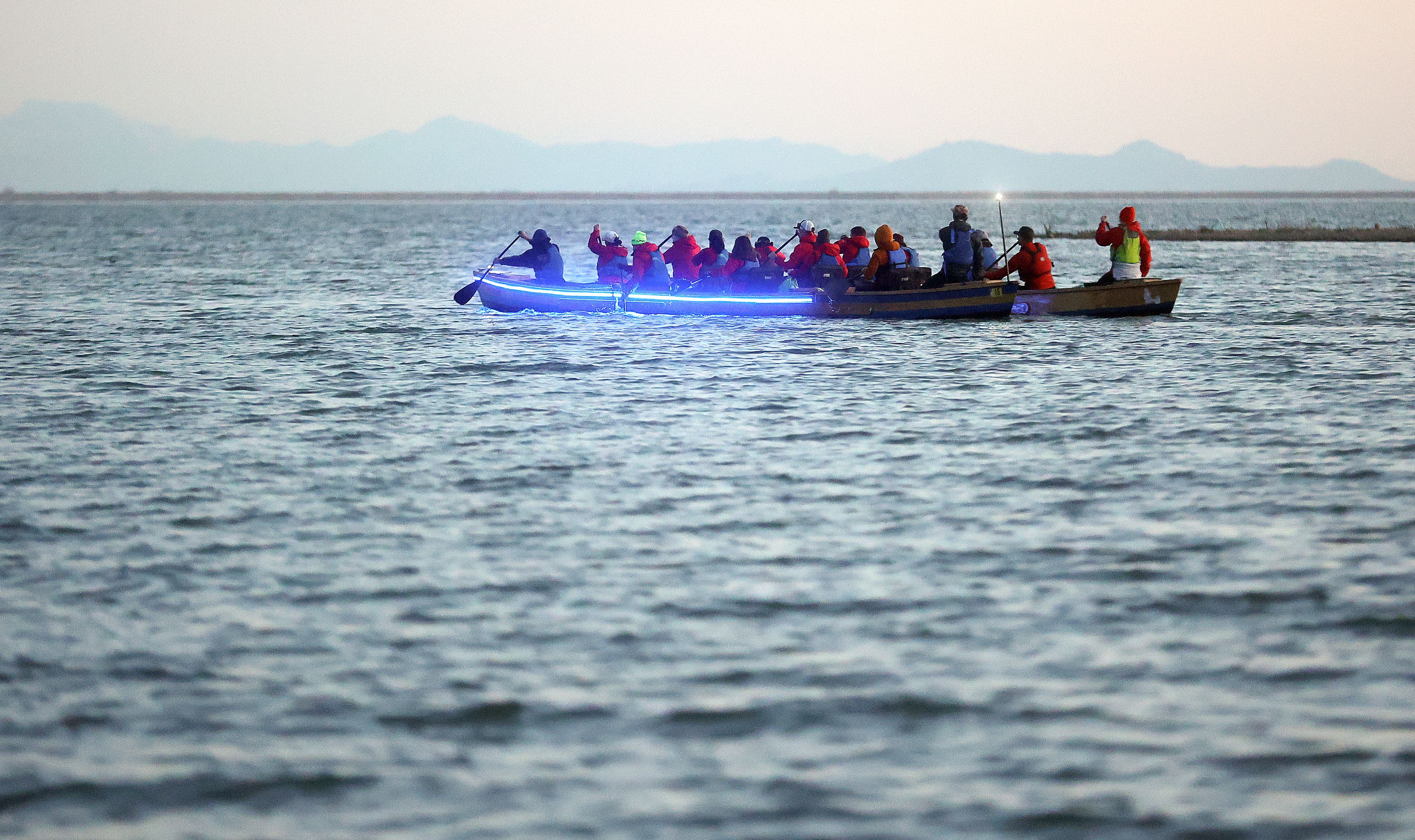 Students and faculty from the Utah Schools for the Deaf and the Blind, and some support friends, set off on an overnight paddle mission to train for the SEVENTY48, an upcoming 70-mile boat race between Tacoma and Port Townsend, Wash., that has to be completed in 48 hours, at Pelican Beach in Willard Bay in Willard, Box Elder County, on April 29.