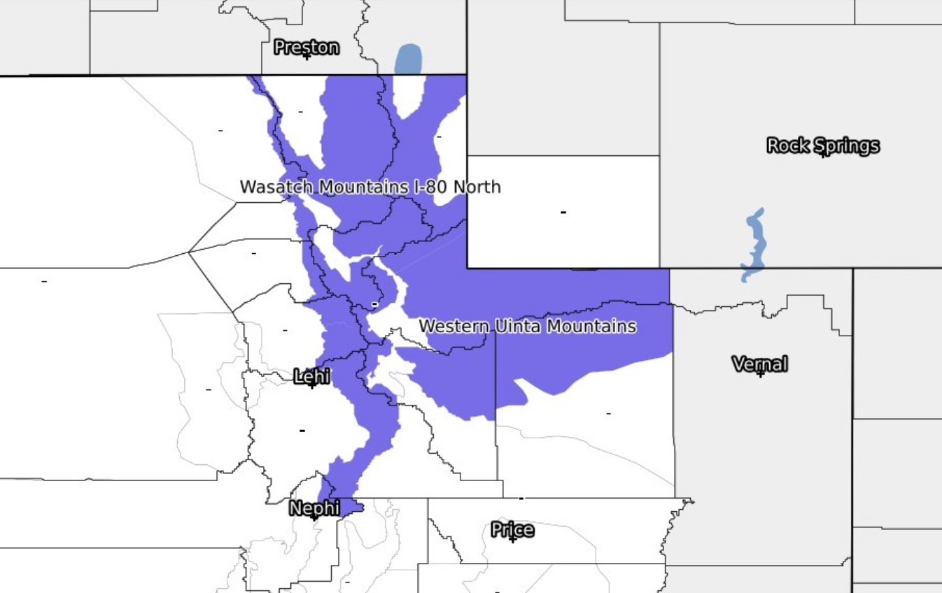 A map showing where a winter weather advisory is in effect in Utah Sunday and Monday. Up to a foot of snow is projected, according to the National Weather Service