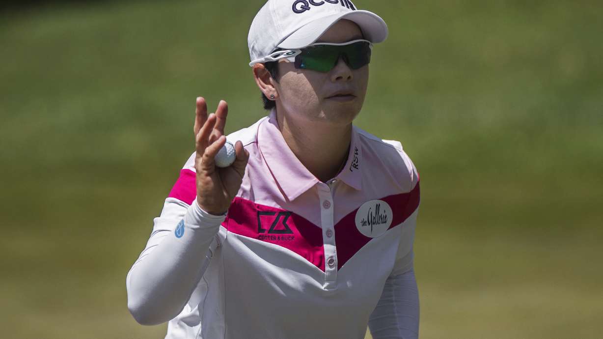 Eun-Hee Ji waves to the gallery on the fourth hole during the quarterfinals of the LPGA Bank of Hope Match Play golf tournament at Shadow Creek on Saturday, May 28, 2022, in North Las Vegas, Nev.