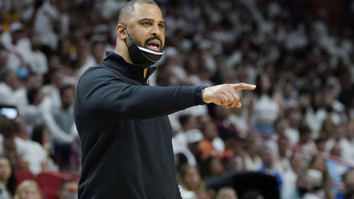 Boston Celtics head coach Ime Udoka gestures during the first half of Game 7 of the NBA basketball Eastern Conference finals playoff series against the Miami Heat, Sunday, May 29, 2022, in Miami.