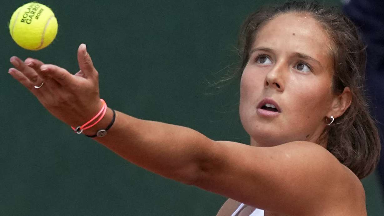 Russia's Daria Kasatkina serves against Shelby Rogers of the U.S. during their third round match at the French Open tennis tournament in Roland Garros stadium in Paris, France, Saturday, May 28, 2022.