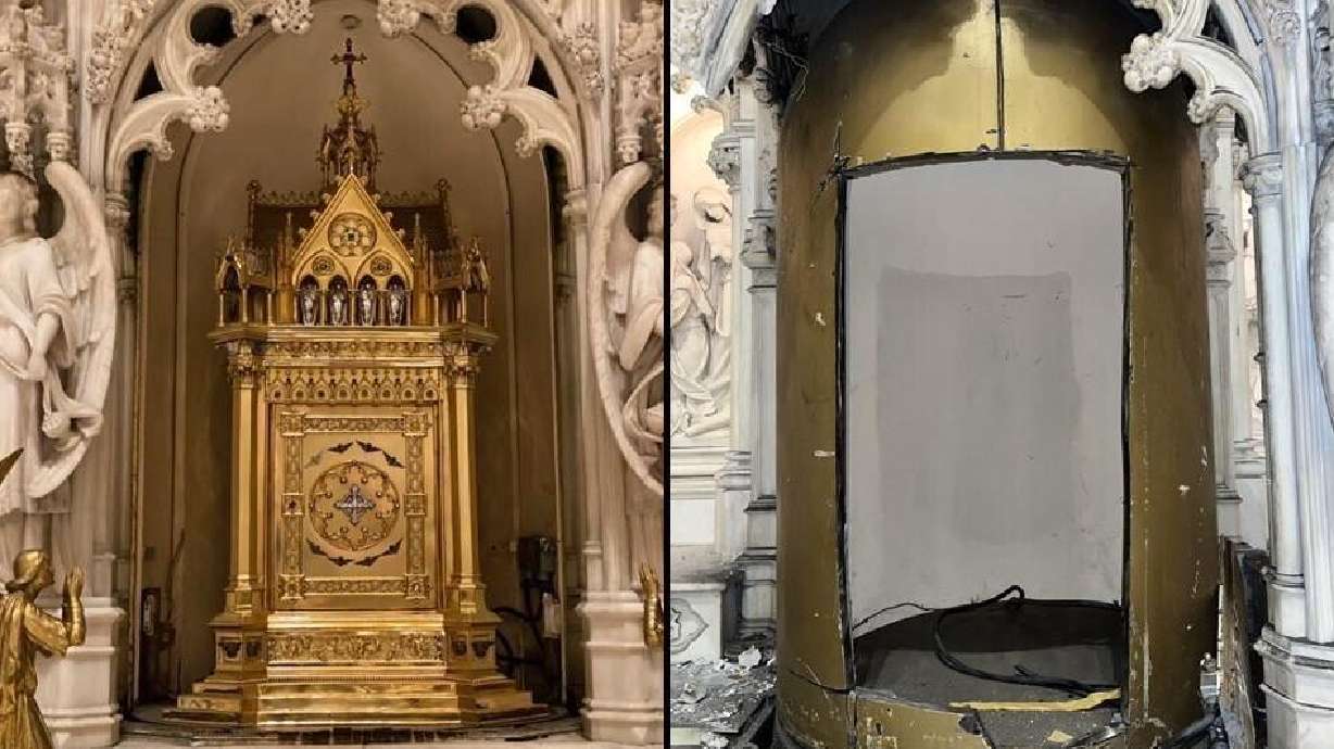 This image provided by the New York City Police Department shows a tabernacle in St. Augustine's Roman Catholic Church in Brooklyn’s Park Slope neighborhood in New York, which was stolen between May 26 and Saturday. The tabernacle, a box containing Holy Communion items, was made of 18-carat gold and decorated with jewels, police and the diocese said. It’s valued at $2 million.