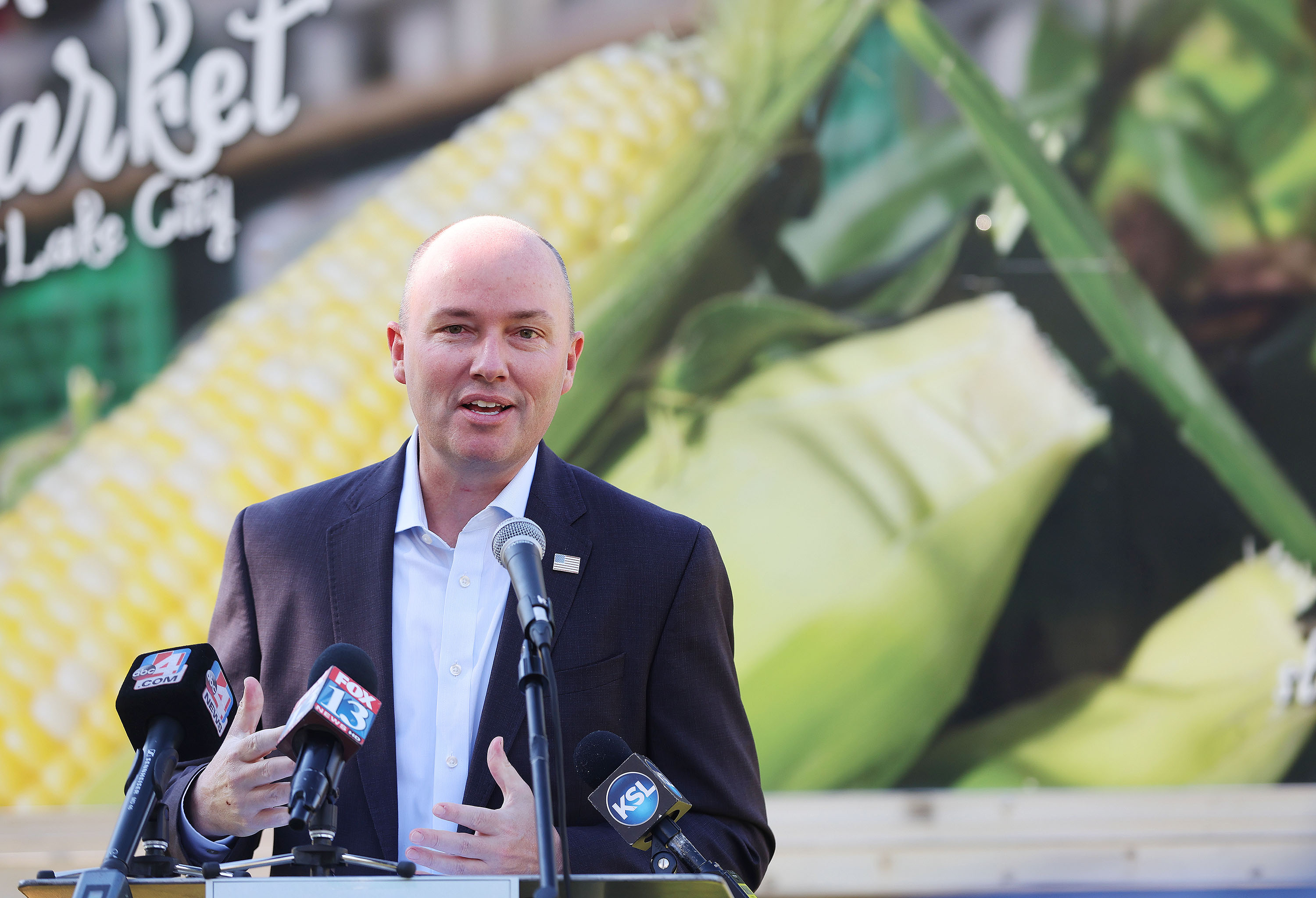 Gov. Spencer Cox speaks during a press conference about the upcoming farmers market in Salt Lake City on Tuesday. Utah’s largest farmers market returns to Pioneer Park Saturday.