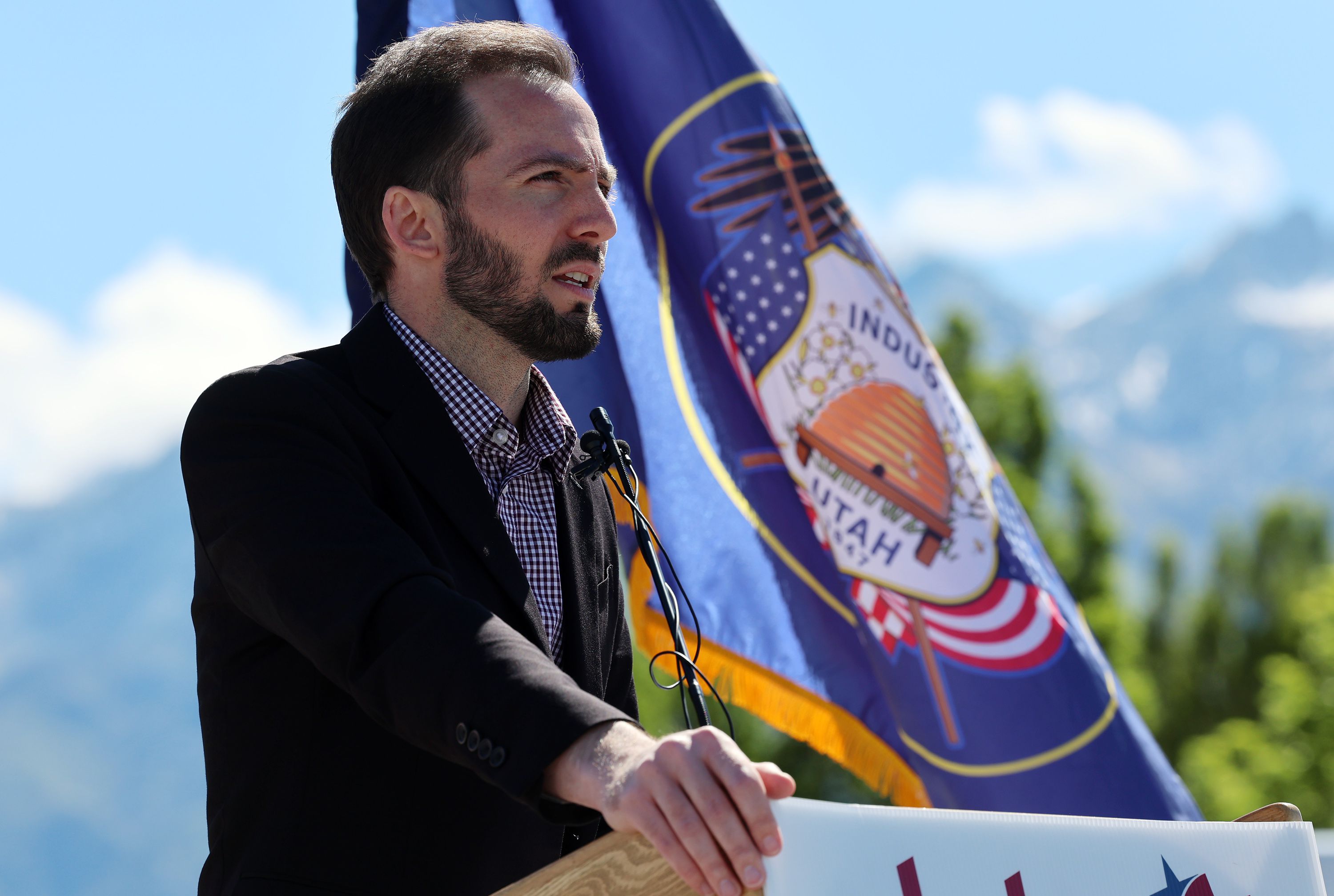 Fourth District Congressional candidate Jake Hunsaker holds a press conference in front of the campaign office of Rep. Burgess Owens, R-Utah, in Draper on Tuesday, where the Republican urged Owens to debate him.