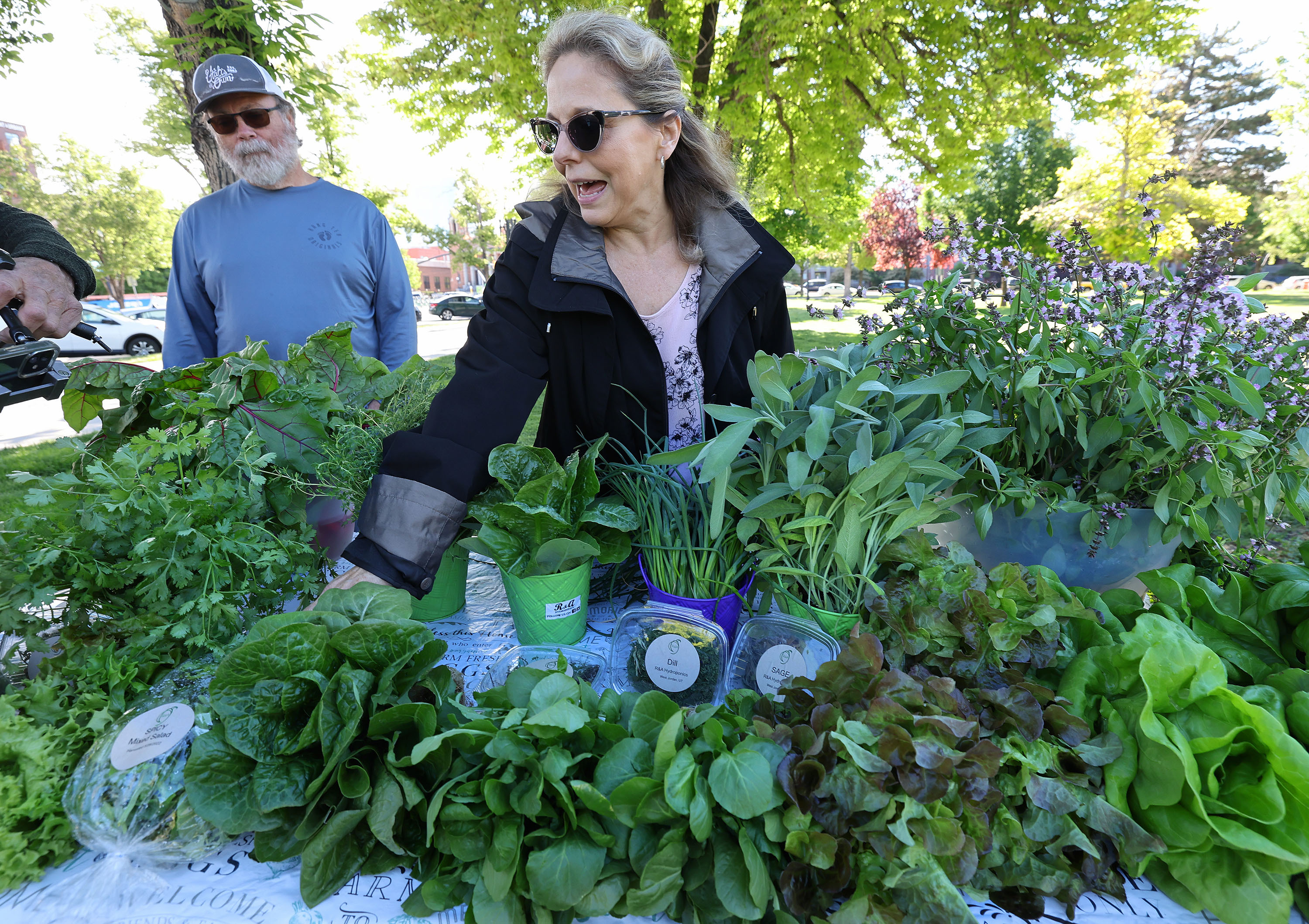 Anita and Ron Murphy talk about their produce during a press conference about the upcoming farmers market in Salt Lake City on Tuesday. Utah’s largest farmers market returns to Pioneer Park Saturday.