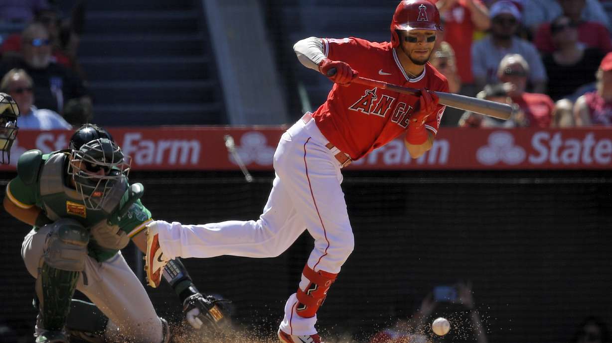 Los Angeles Angels' Andrew Velazquez, right, is hit by a pitch as Oakland Athletics catcher Sean Murphy kneels at the plate during the eighth inning of a baseball game Sunday, May 22, 2022, in Anaheim, Calif.