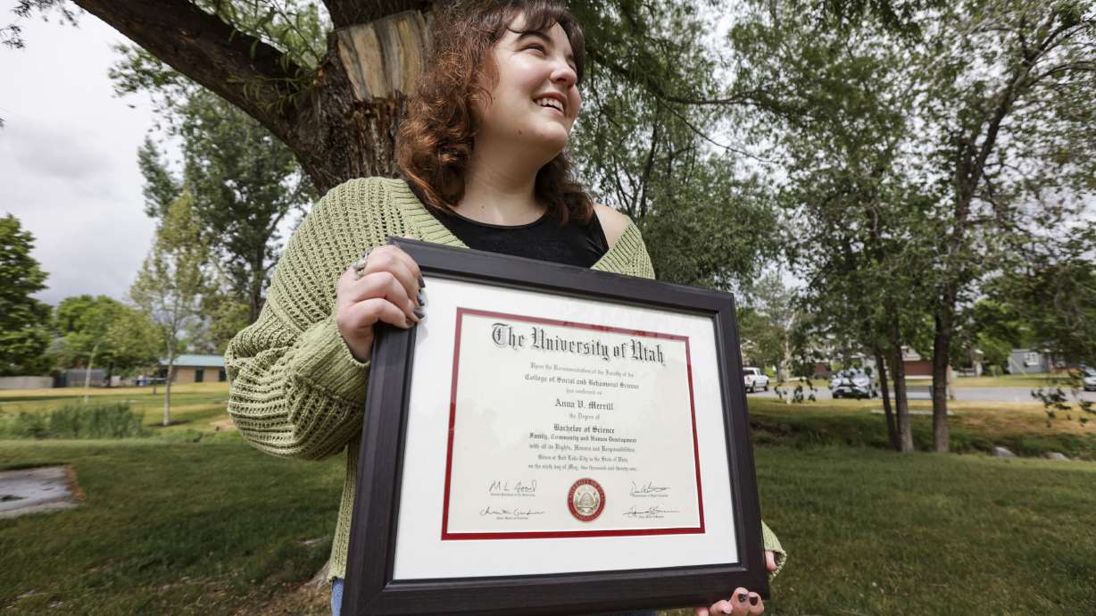 Anna Merrill, a recent college graduate, poses for a portrait at Fitts Park in Salt Lake City on Monday.