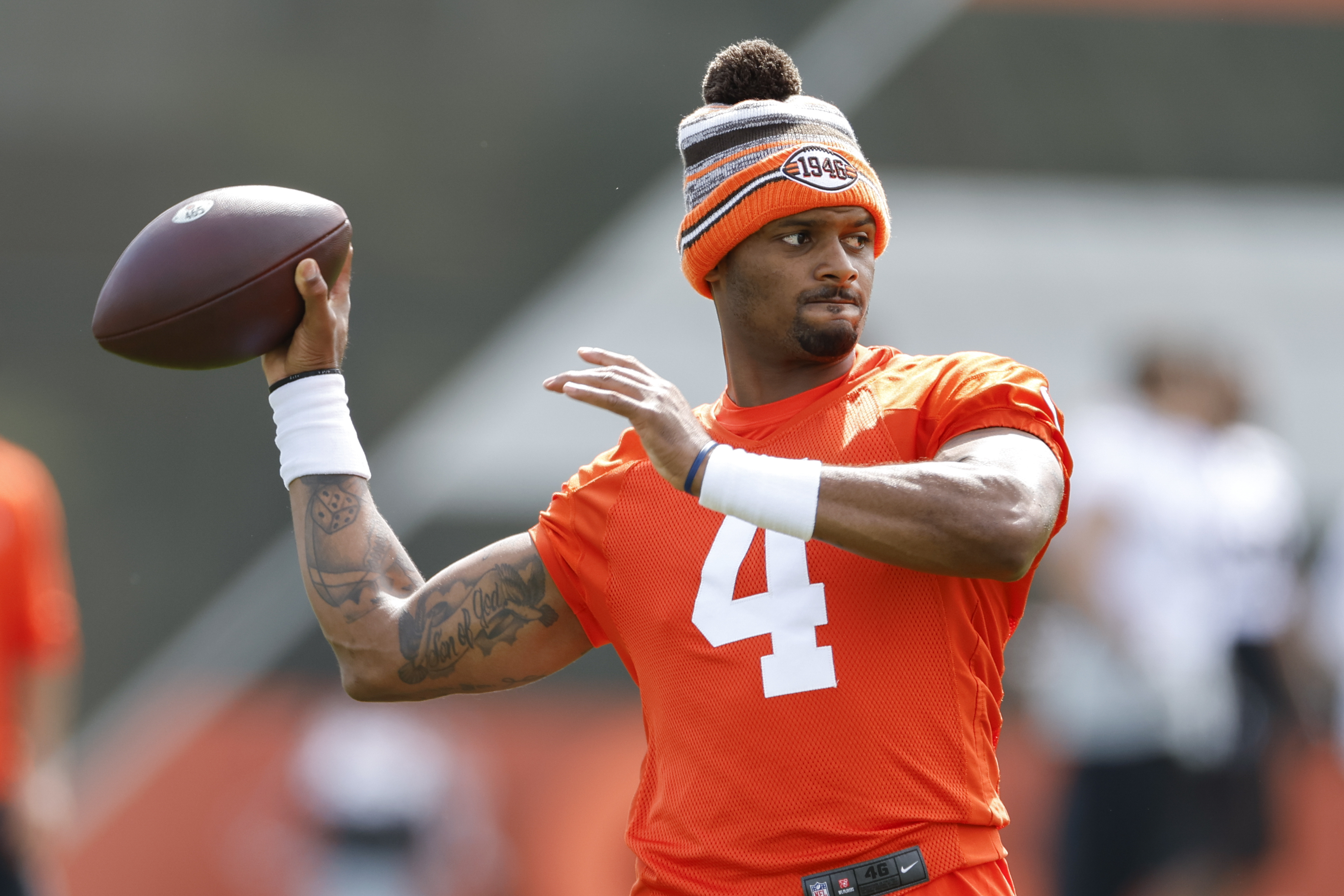 Cleveland Browns quarterback Deshaun Watson throws a pass during NFL football practice at the team's training facility Wednesday, May 25, 2022, in Berea, Ohio. 