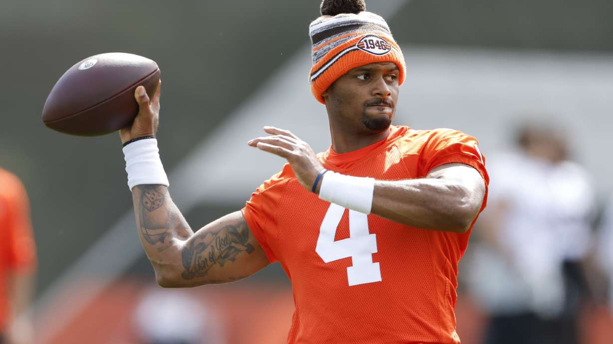 Cleveland Browns quarterback Deshaun Watson throws a pass during NFL football practice at the team's training facility Wednesday, May 25, 2022, in Berea, Ohio.