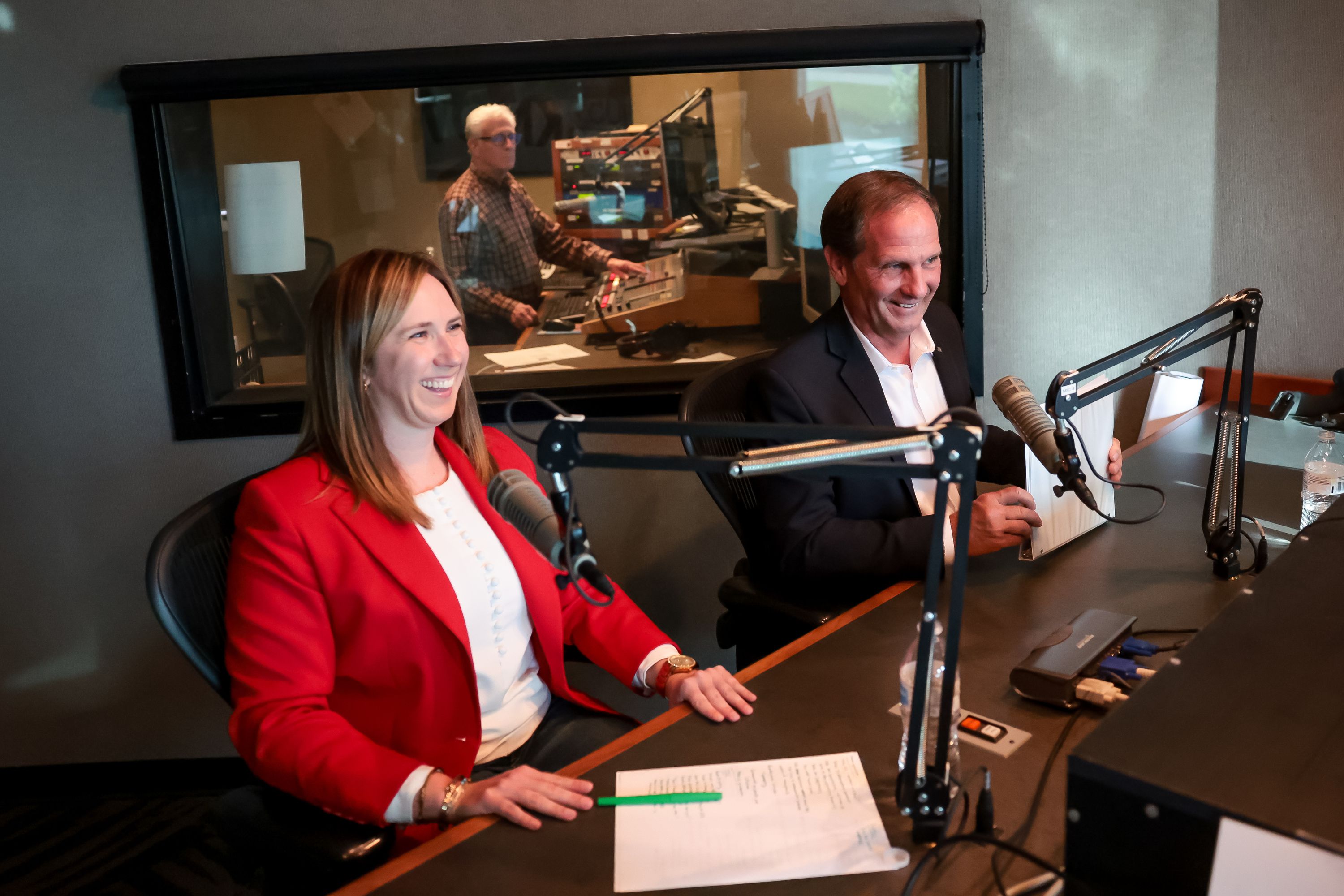 Erin Rider, GOP primary candidate in Utah’s 2nd Congressional District, and incumbent Rep. Chris Stewart, R-Utah, take part in a debate at KNRS radio in Salt Lake City on Tuesday.
