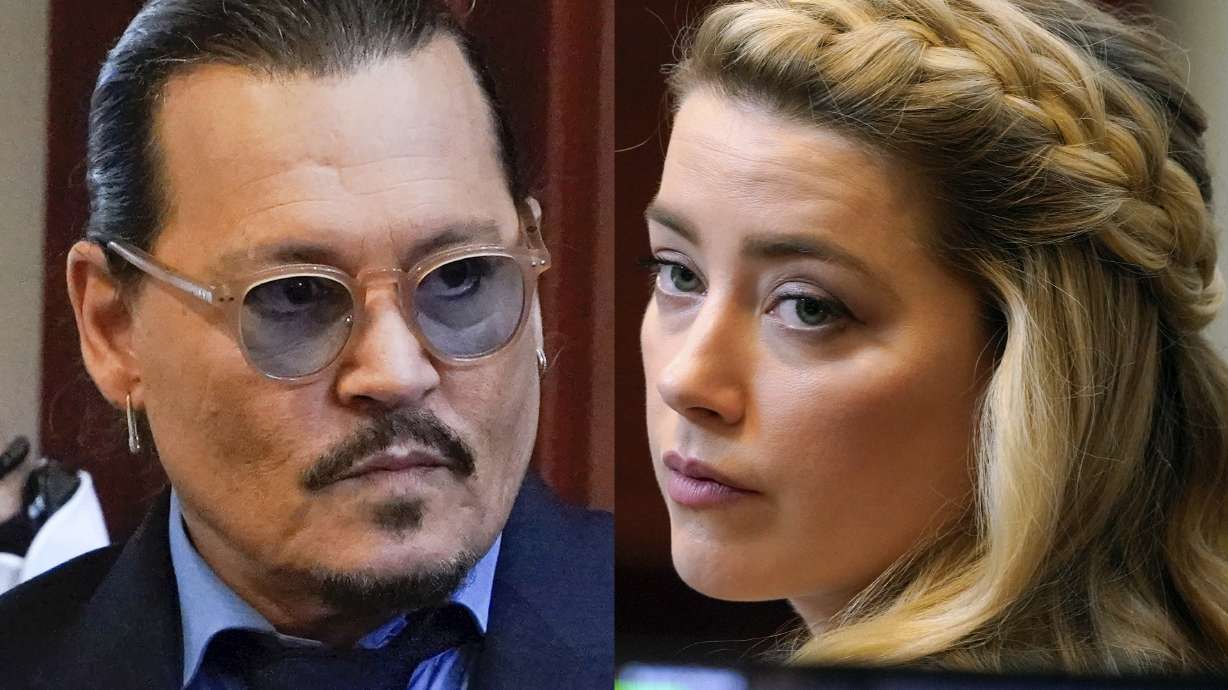 This combination of two separate photos shows actors Johnny Depp, left, and Amber Heard in the courtroom for closing arguments at the Fairfax County Circuit Courthouse in Fairfax, Va., on Friday. Wednesday, the jury returned a mixed verdict.