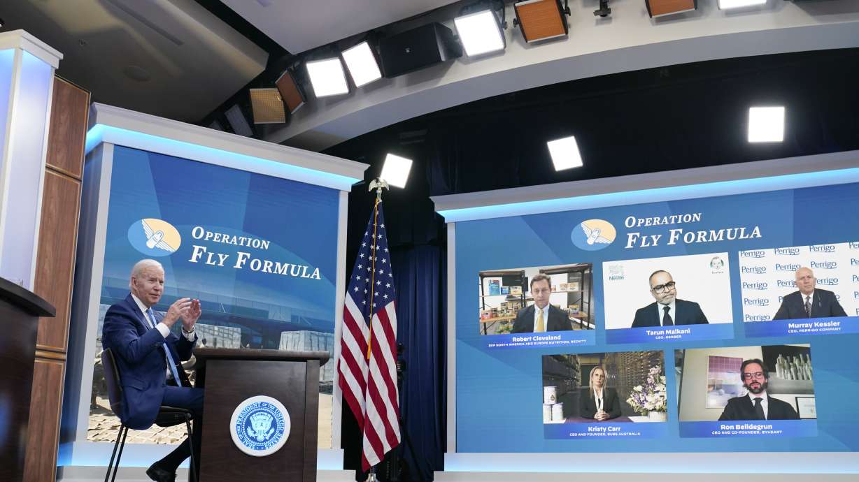 President Joe Biden meets virtually with infant formula manufacturers from the South Court Auditorium on the White House complex in Washington, Wednesday, as his administration works to ease nationwide shortages by importing foreign supplies and using the Defense Production Act to speed domestic production.