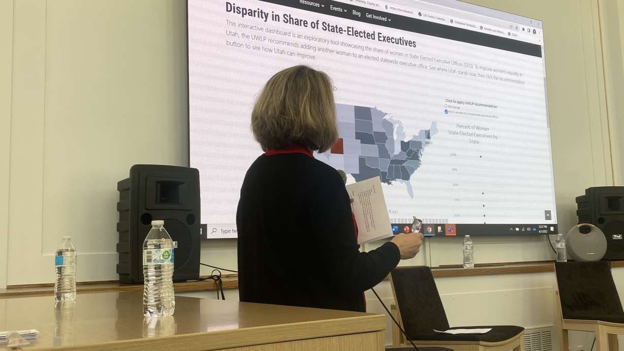Susan Madsen, with the Utah Women's Leadership Project, discusses inequities Utah women face on Wednesday.