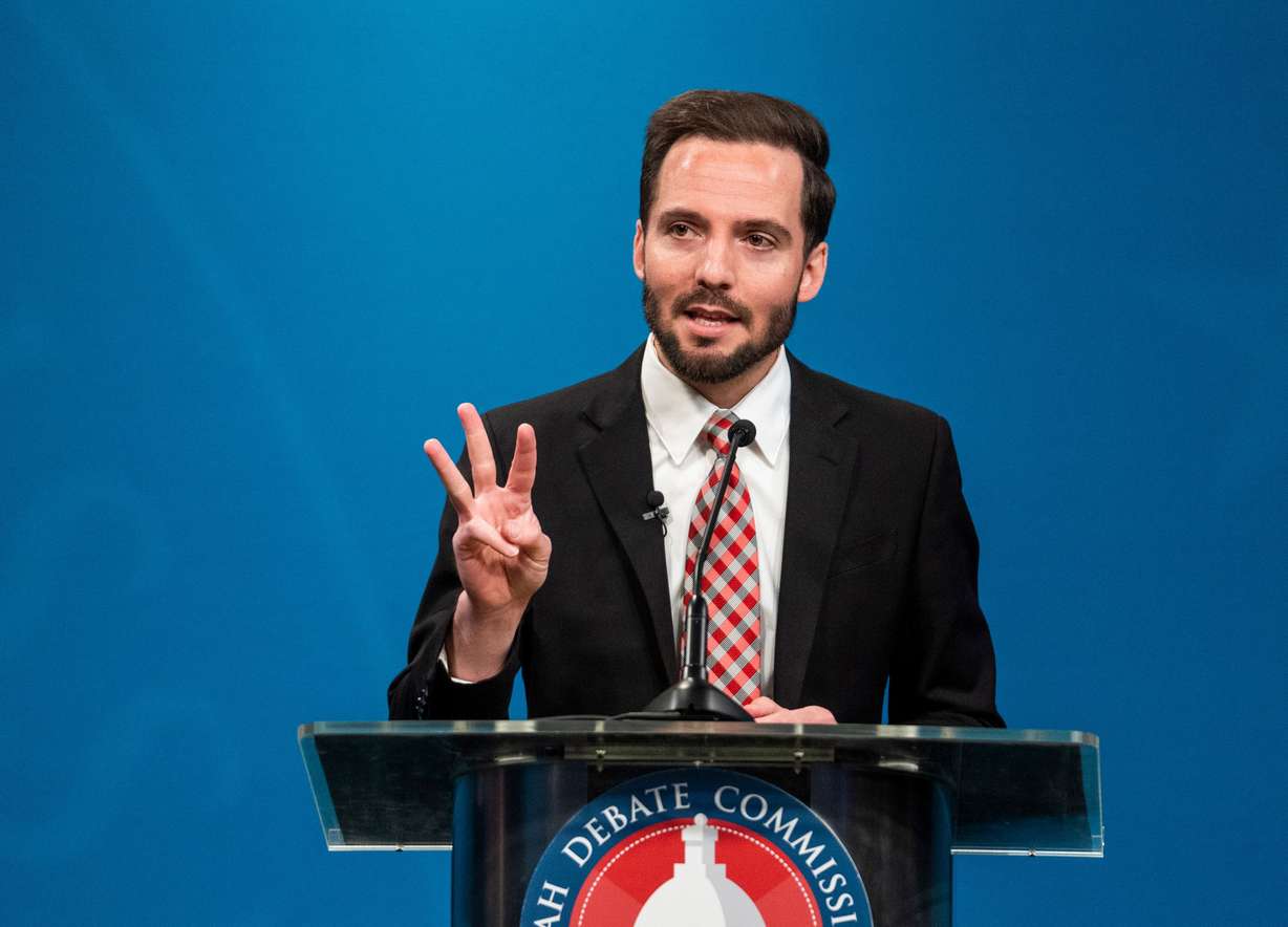 Fourth District congressional candidate Jake Hunsaker answers questions during a GOP primary debate in a KSL studio in Salt Lake City on Wednesday.