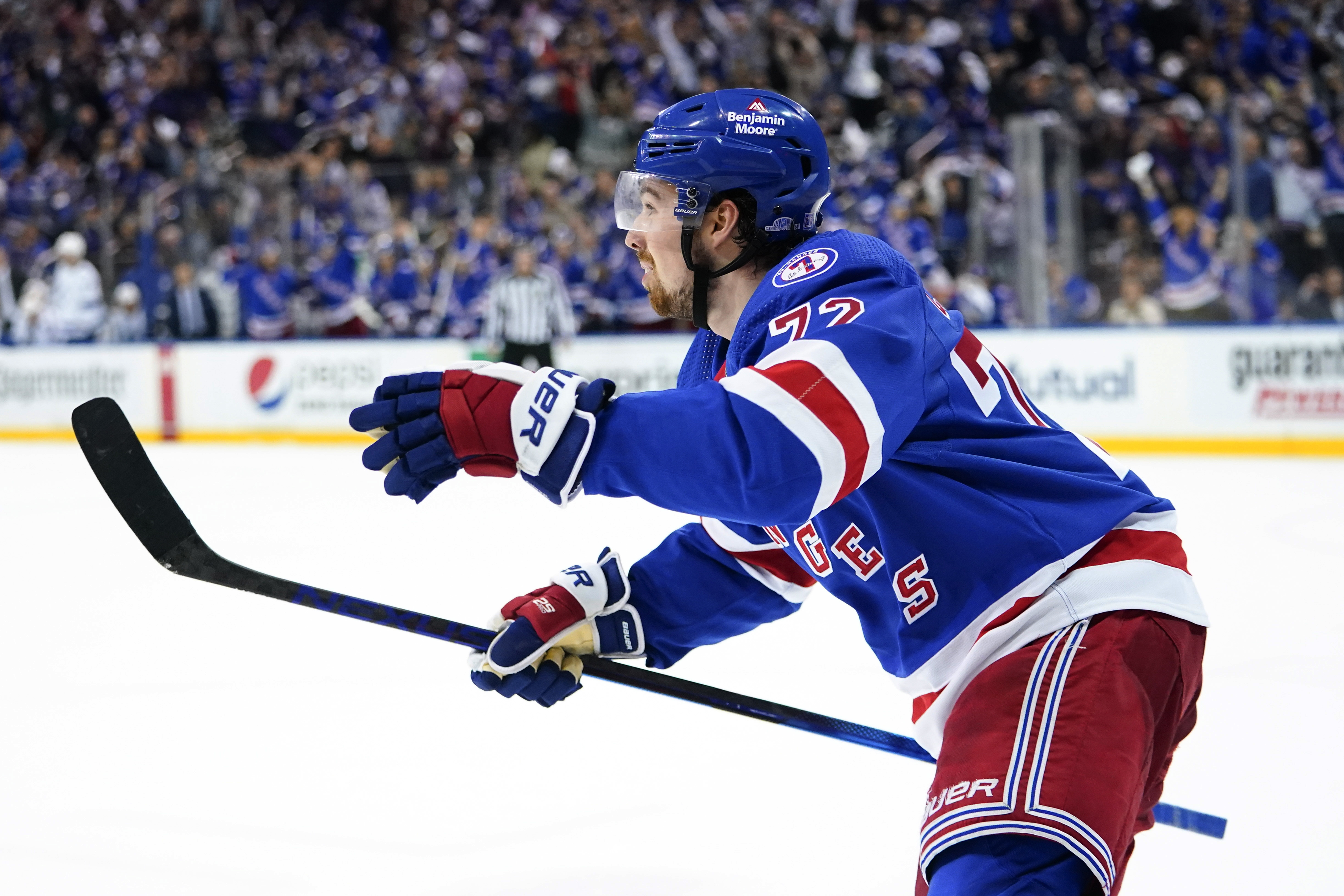 New York Rangers' Filip Chytil celebrates goal against the Tampa Bay Lightning during the second period of Game 1 of the NHL hockey Stanley Cup playoffs Eastern Conference finals Wednesday, June 1, 2022, in New York. 