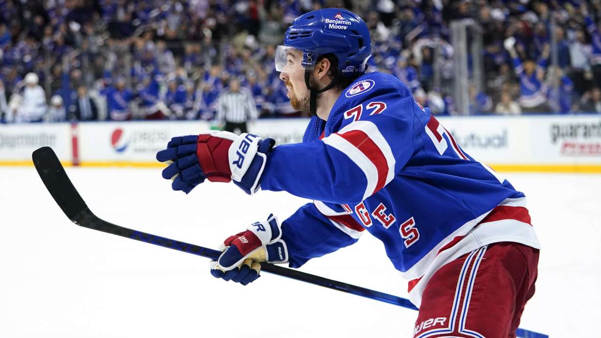New York Rangers' Filip Chytil celebrates goal against the Tampa Bay Lightning during the second period of Game 1 of the NHL hockey Stanley Cup playoffs Eastern Conference finals Wednesday, June 1, 2022, in New York.
