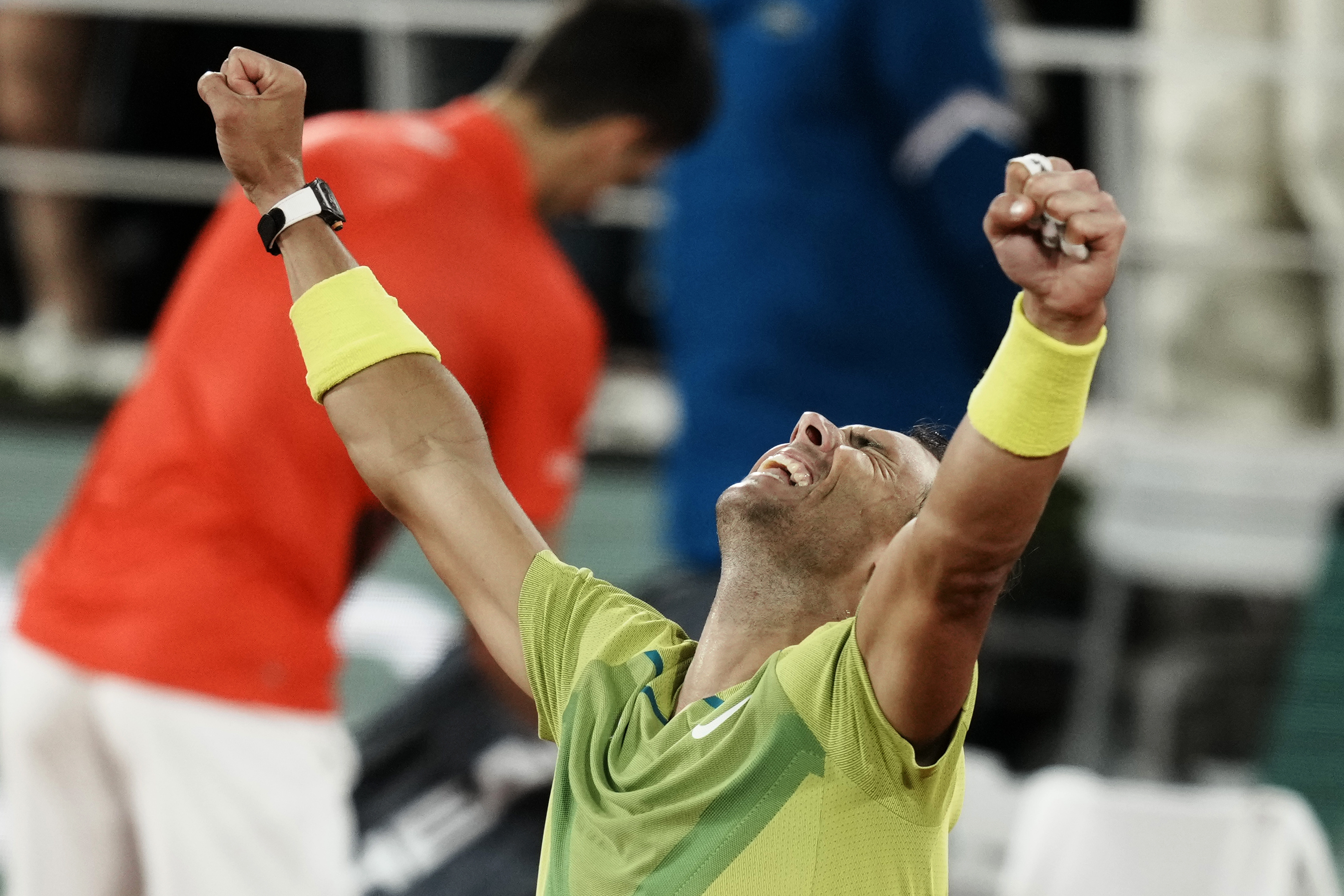 Spain's Rafael Nadal reacts after defeating Serbia's Novak Djokovic in their quarterfinal match of the French Open tennis tournament at the Roland Garros stadium Tuesday, May 31, 2022 in Paris. Nadal won 6-2, 4-6, 6-2, 7-6. 