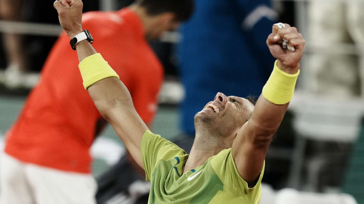 Spain's Rafael Nadal reacts after defeating Serbia's Novak Djokovic in their quarterfinal match of the French Open tennis tournament at the Roland Garros stadium Tuesday, May 31, 2022 in Paris. Nadal won 6-2, 4-6, 6-2, 7-6.
