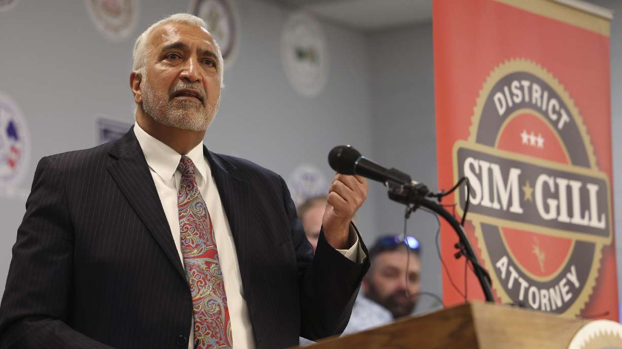 Salt Lake County District Attorney Sim Gill announces his campaign for reelection at the Union Labor Center in Salt Lake City on Wednesday.