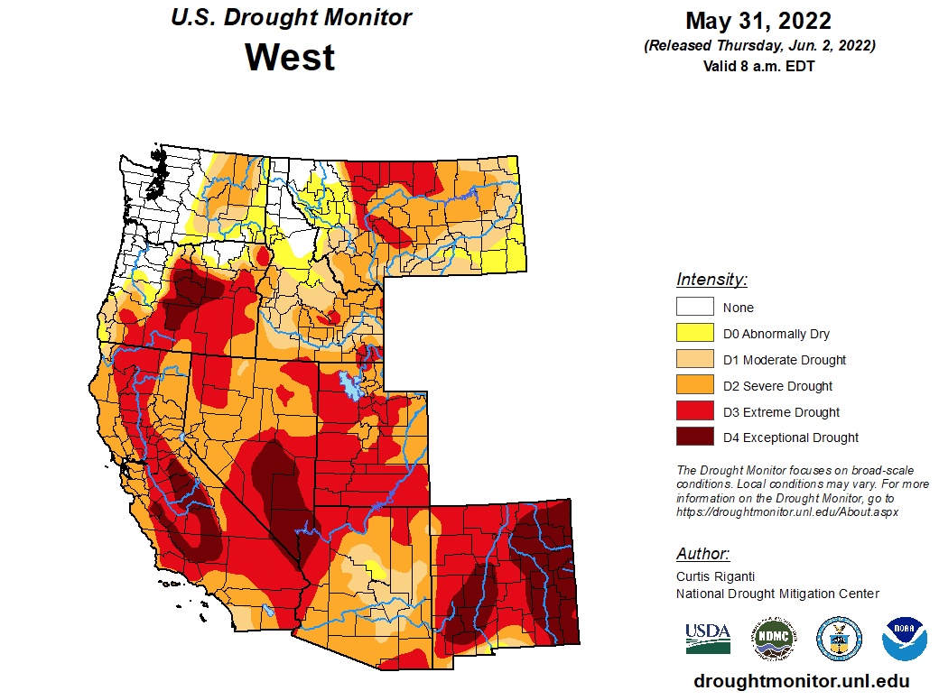 This map shows drought conditions in the West entering June. About three-fourths of the region is in at least severe drought, including nearly 44% in at least extreme drought.