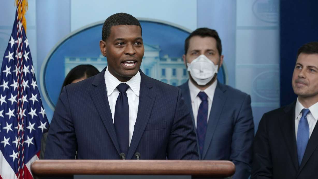 Environmental Protection Agency administrator Michael Regan, left, speaks during a briefing at the White House in Washington, May 16 on the six-month anniversary of the bipartisan infrastructure law. The EPA has proposed handing more power to states and tribes to block major energy projects based on water quality concerns.
