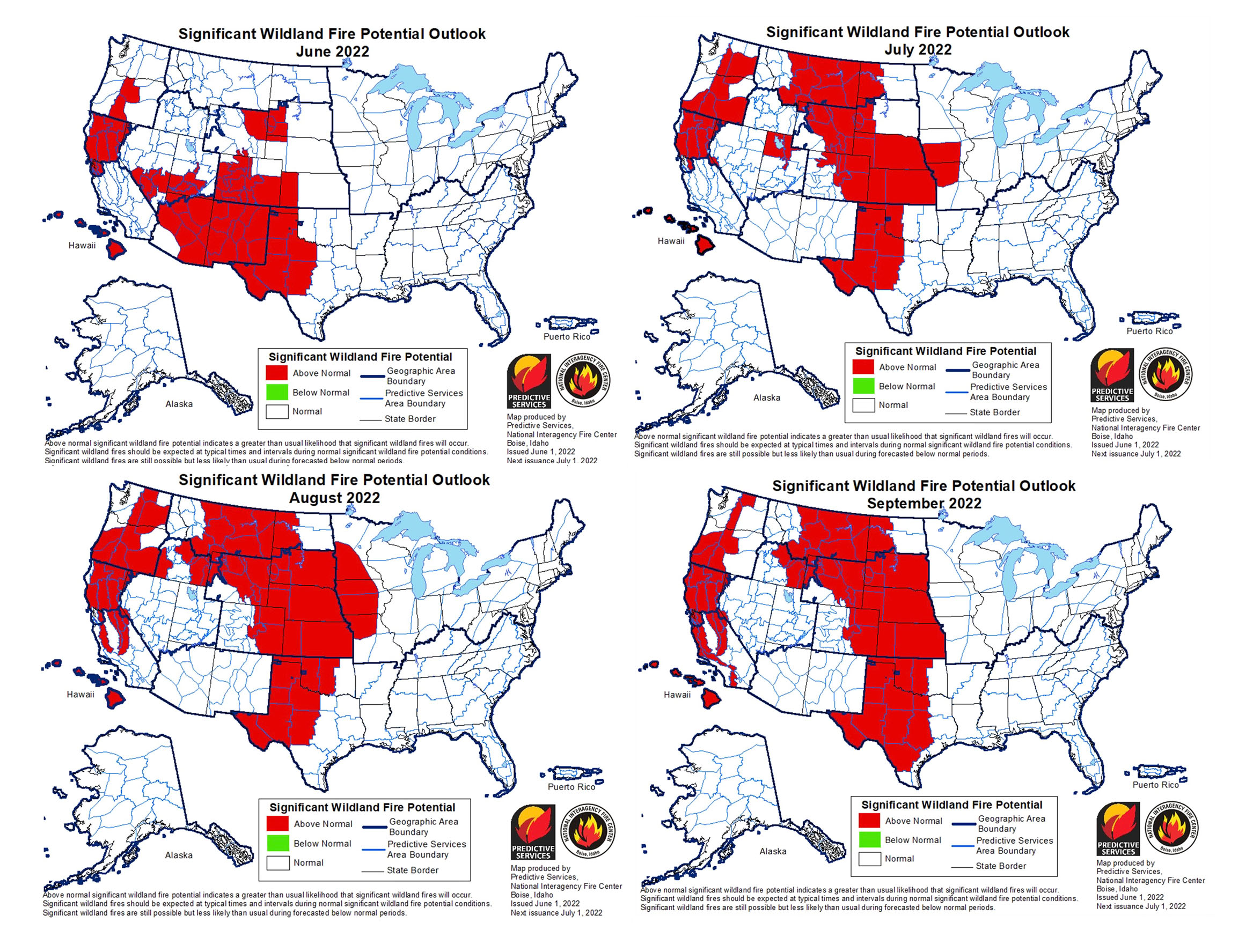 Wildfire risk maps of the U.S. for June, July, August and September 2022. The areas in red are where projected above-average fire conditions are located.