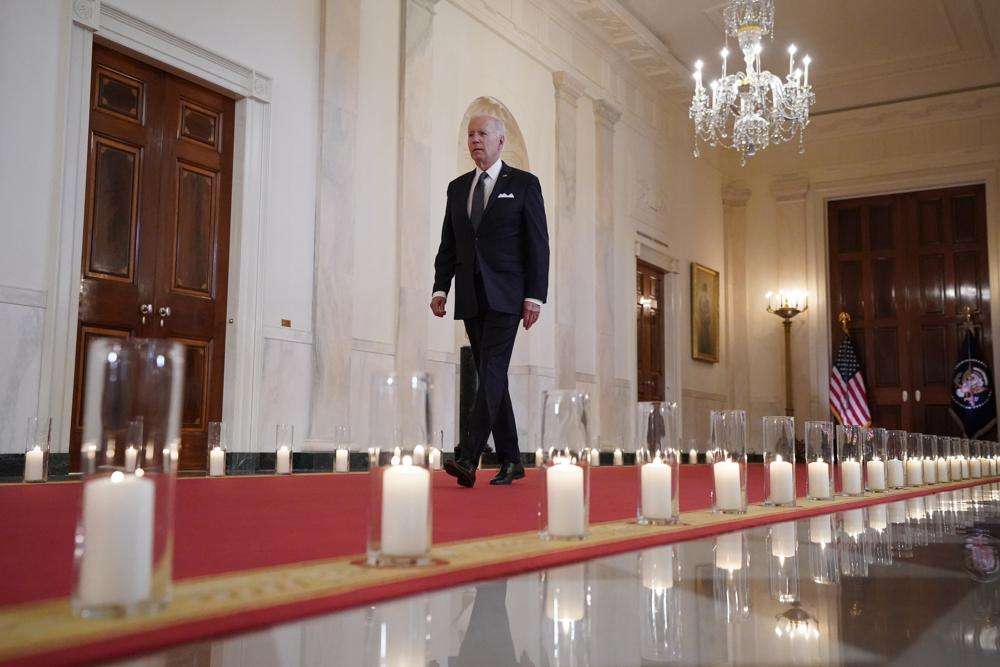 President Joe Biden arrives to speak about the latest round of mass shootings, from the East Room of the White House in Washington, Thursday. Biden is attempting to increase pressure on Congress to pass stricter gun limits after such efforts failed following past outbreaks.