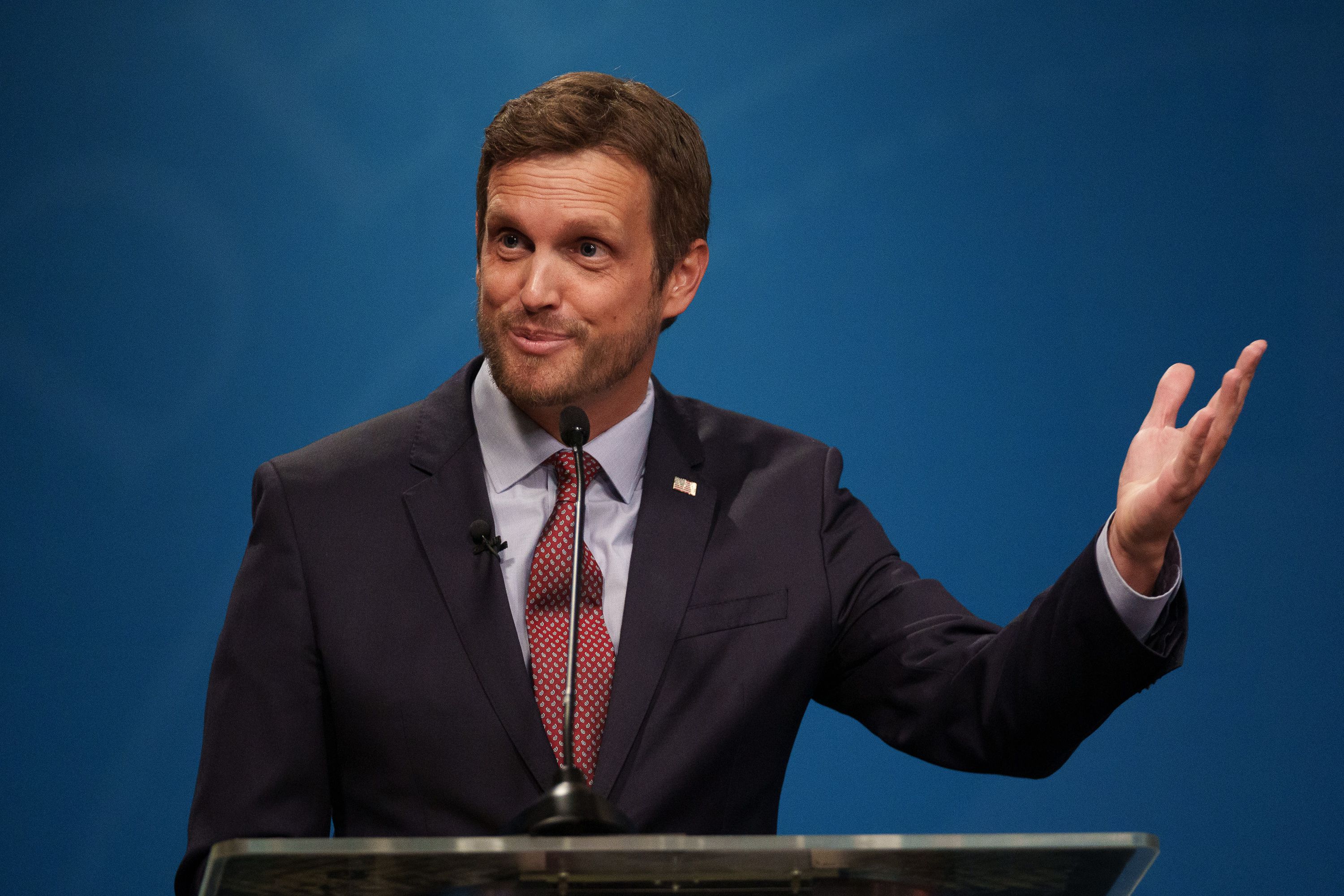 Andrew Badger speaks during the 1st Congressional District Republican primary debate in Salt Lake City on Thursday. Utah Rep. Blake Moore squared off with his GOP opponents Badger and Tina Cannon during an at times fiery debate ahead of Utah's June 28 Republican primary.