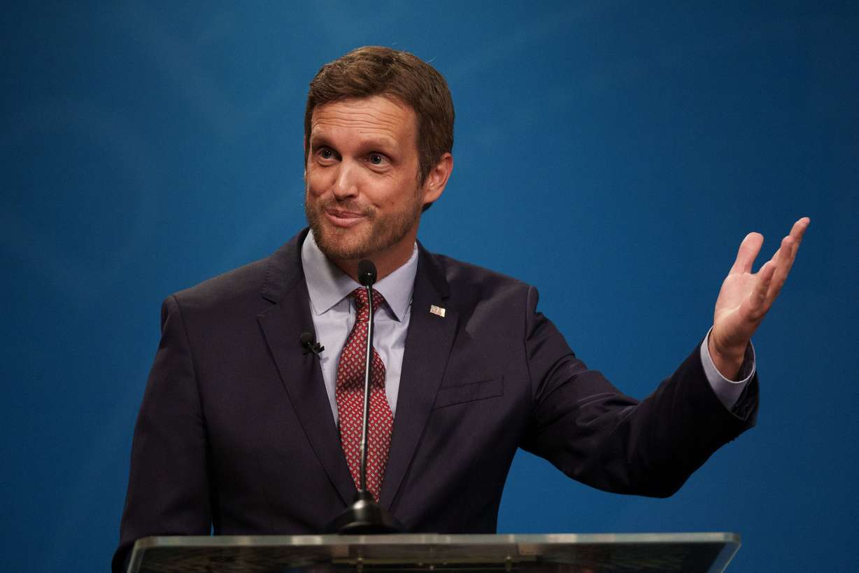Andrew Badger speaks during the 1st Congressional District Republican primary debate in Salt Lake City on Thursday. Utah Rep. Blake Moore squared off with his GOP opponents Badger and Tina Cannon during an at times fiery debate ahead of Utah's June 28 Republican primary.